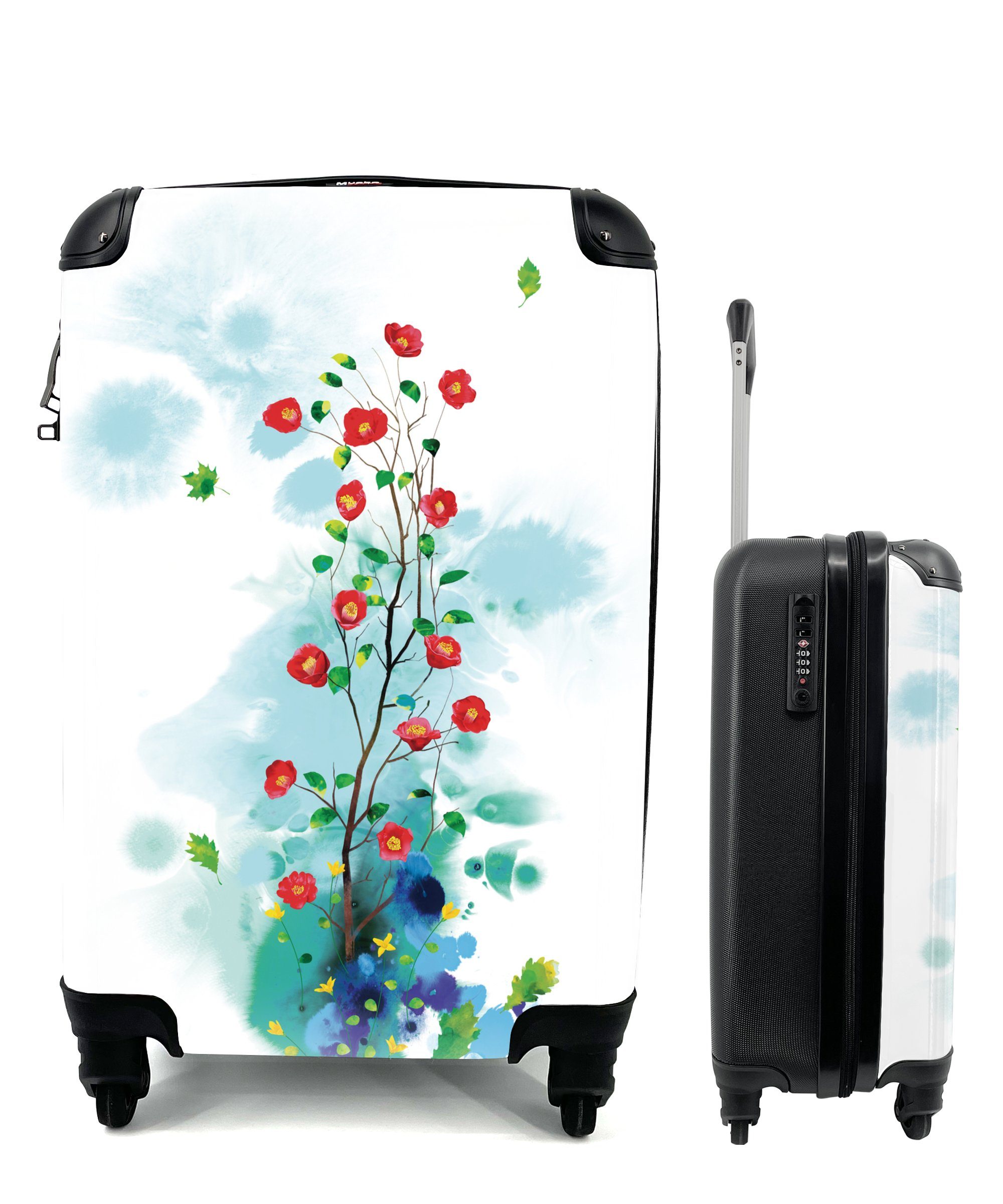 MuchoWow Handgepäckkoffer Illustration von Blumen Trolley, Handgepäck mit für Reisetasche auf rollen, Rollen, Ferien, 4 Reisekoffer Hintergrund, weißem Kunst