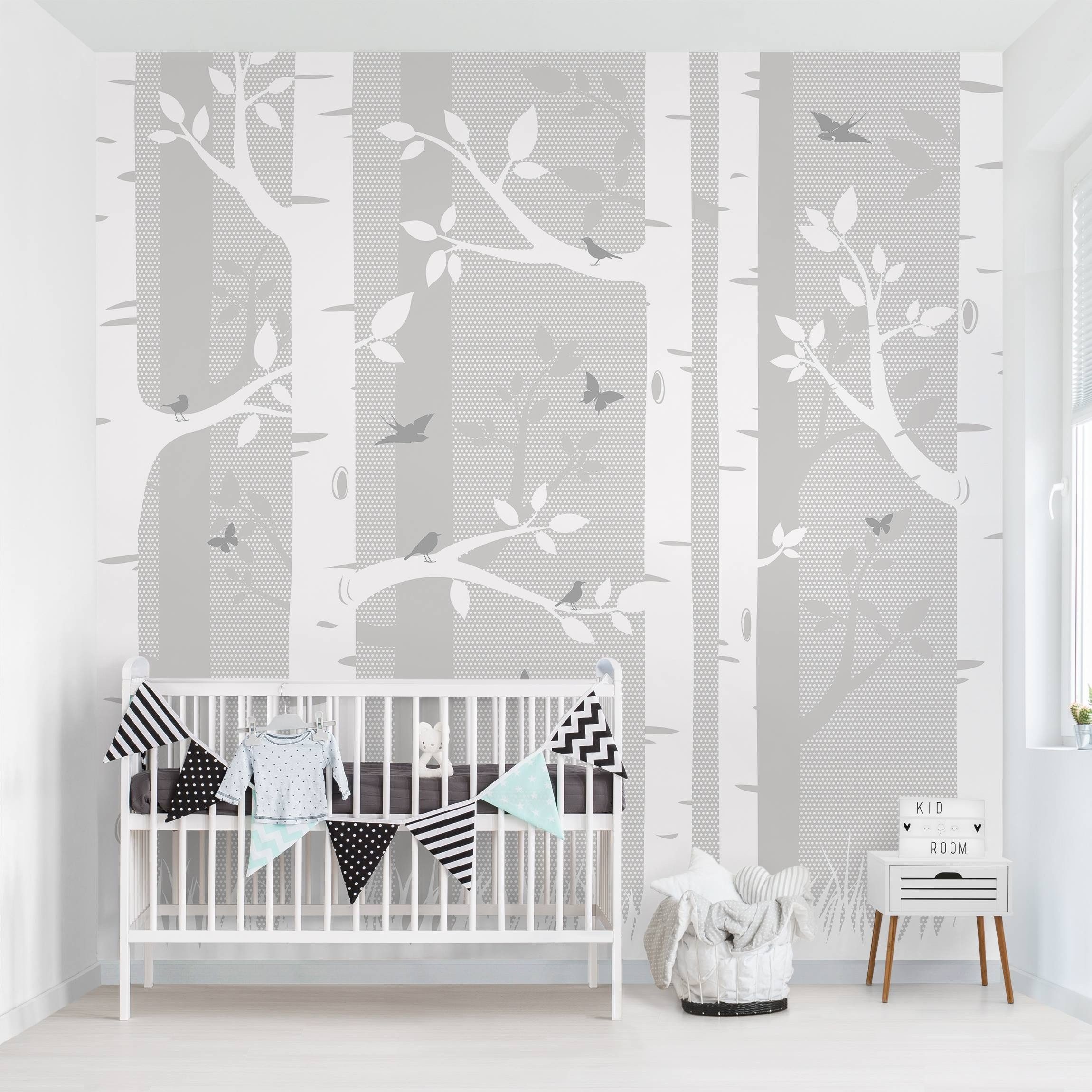 Bilderdepot24 Kindertapete Kinderzimmer Birkenwald Schmetterlinge Vögel günstig online kaufen