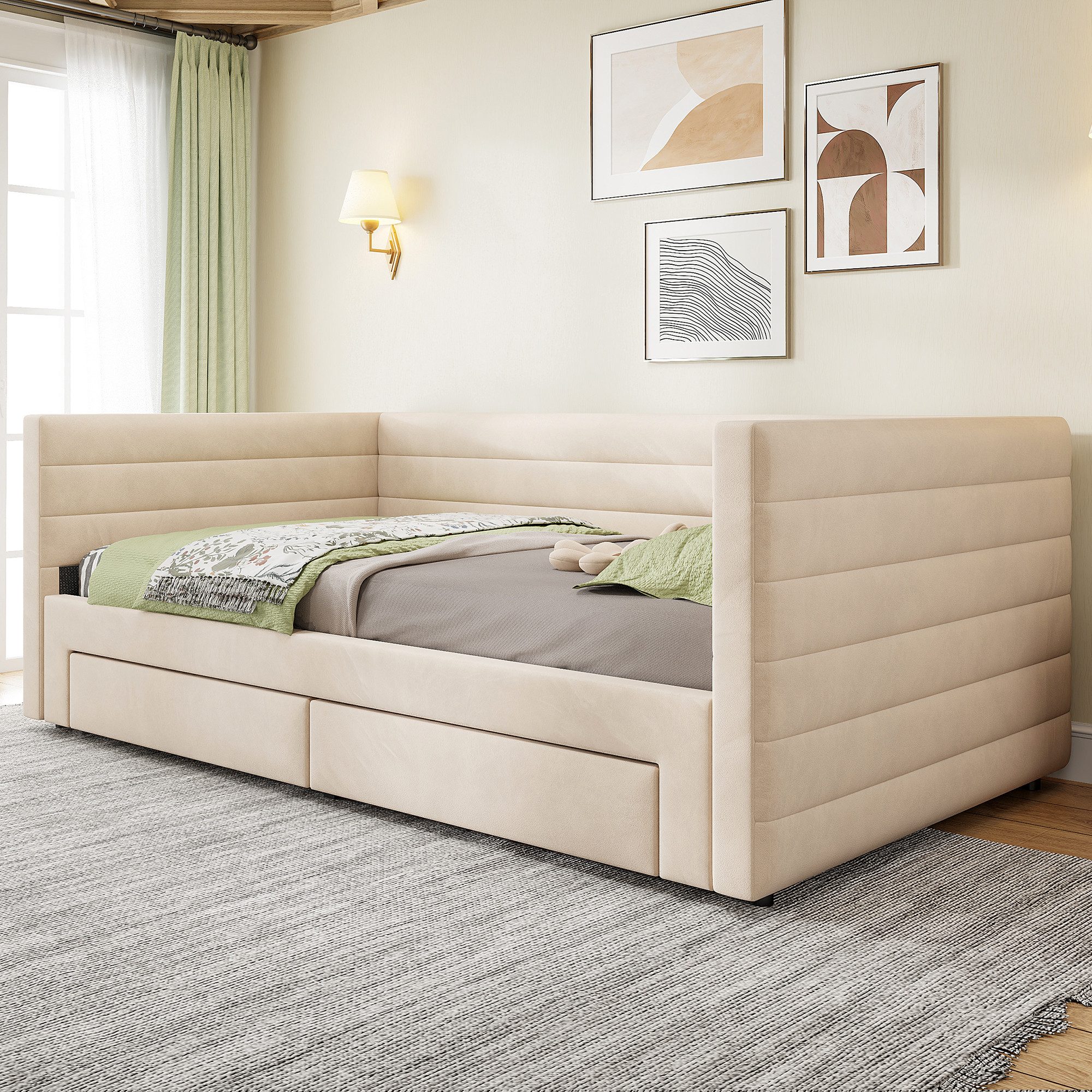 Flieks Daybett, Polsterbett Schlafsofa mit Ausziehbett 90/180x190cm mit 2 Schubladen