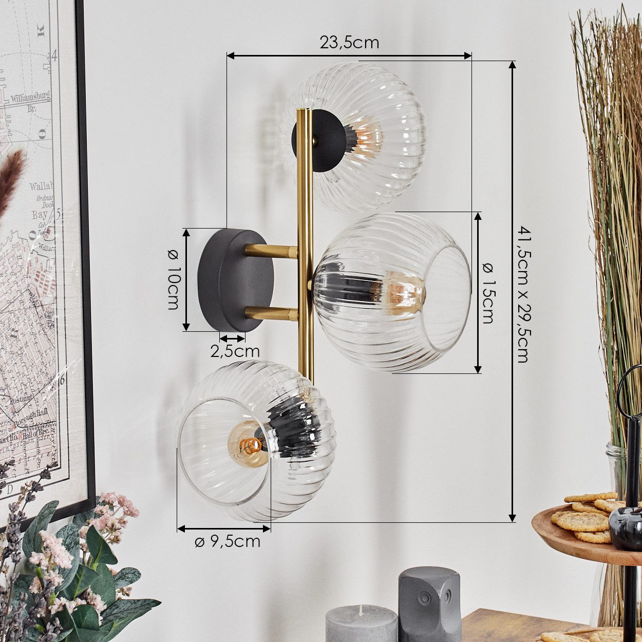 hofstein Wandleuchte Wandlampe aus Metall/Riffelglas in Schwarz/Gold/Klar, ohne Leuchtmittel, moderne Wandleuchte im Retro/Vintage-Design (Schirme 15 cm), E14