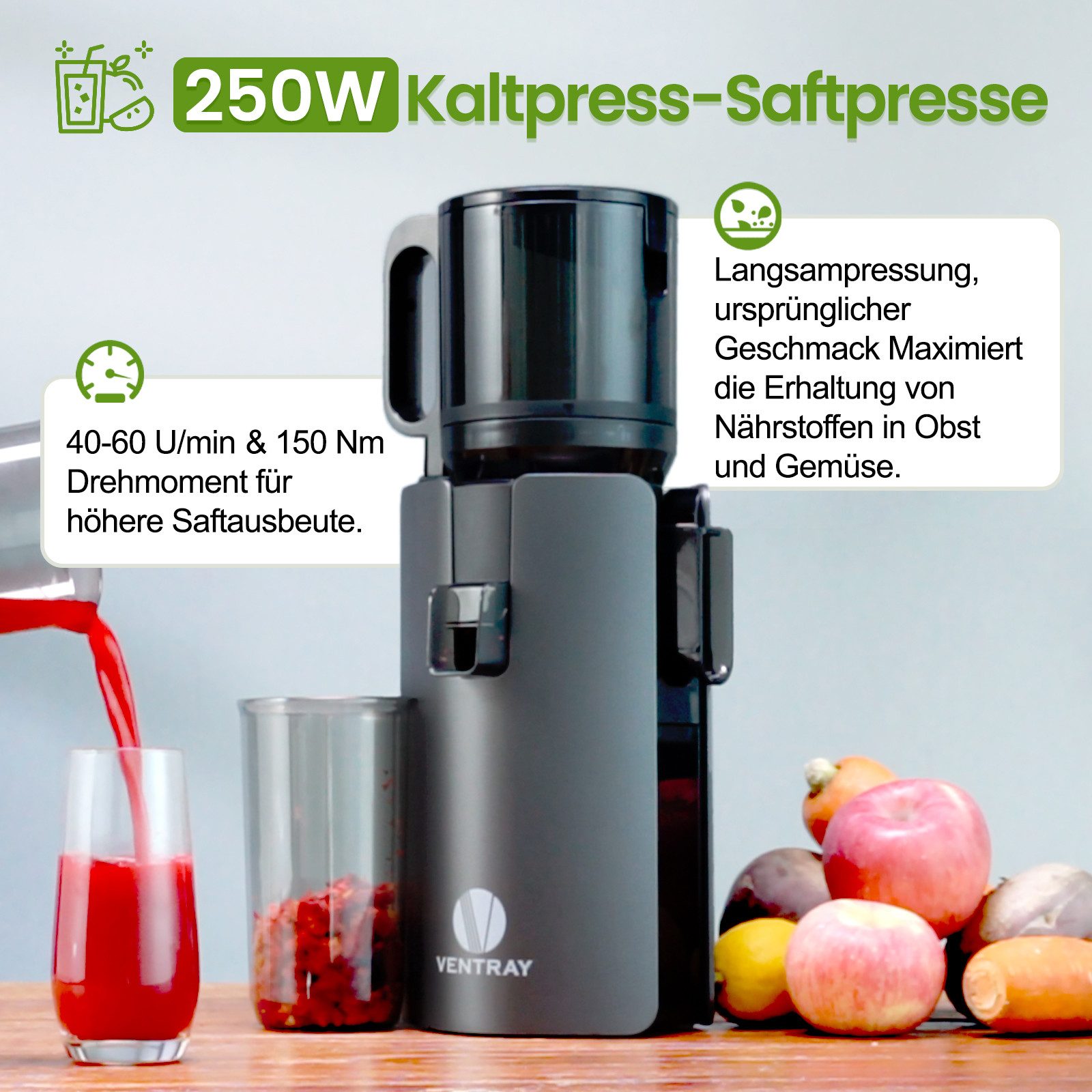 VENTRAY Slow Juicer Entsafter MAX 120,120 mm XXL-Einfüllschacht, geräuscharmer Betrieb, 250 W, Kaltpress-Technologie, doppeltes Filtersystem, Rückwärtslauf, BPA-frei