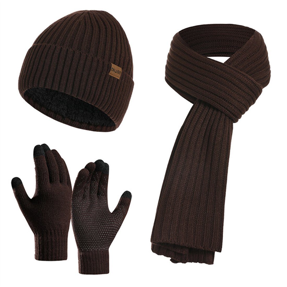 DÖRÖY Strickmütze Unisex Winter Strickmütze, Solid Farbe Hut Schal Handschuhe 3er Set Kaffee