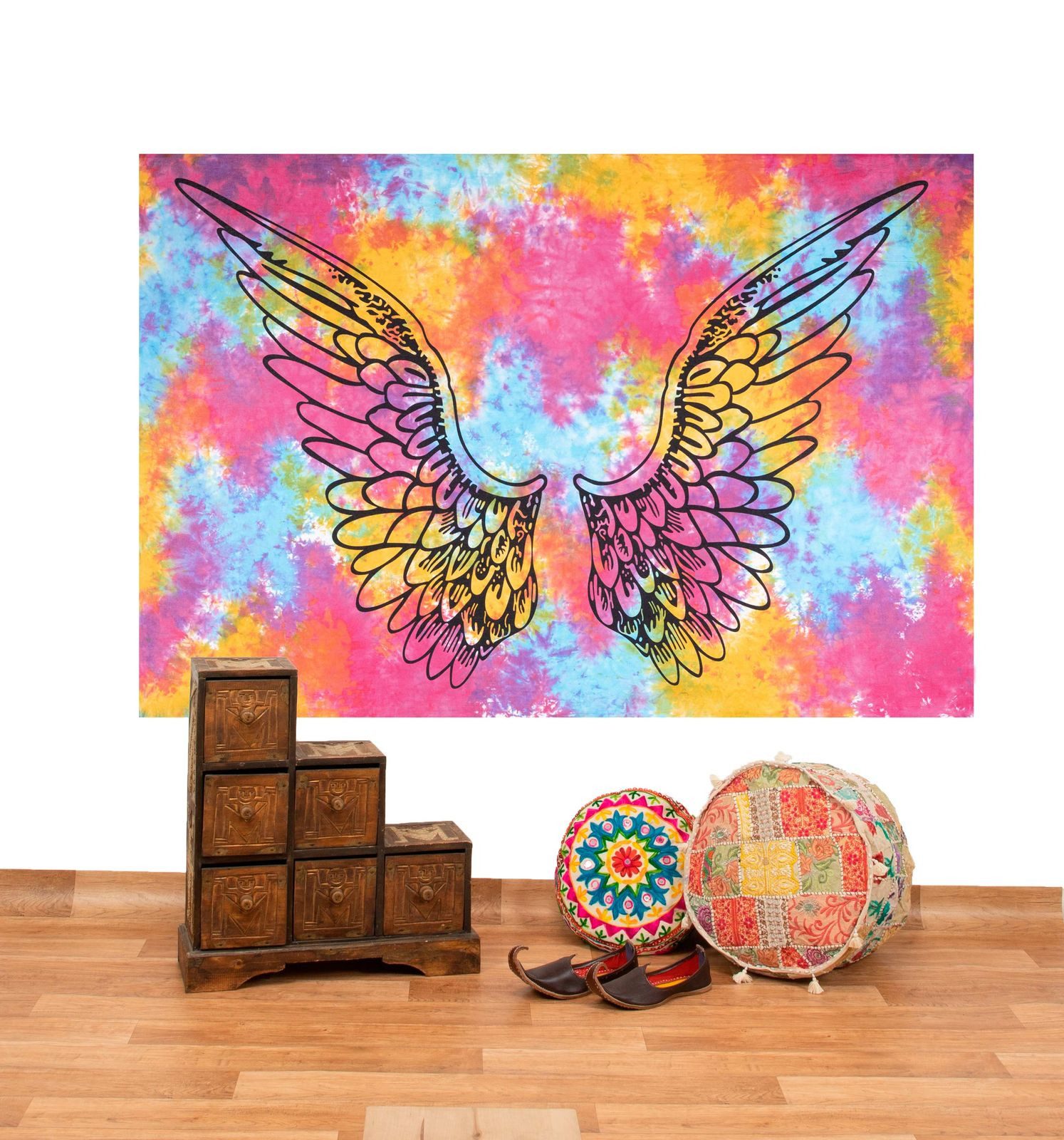 KUNST UND MAGIE Wandteppich Tagesdecke Wandbehang Bunt Deko Tuch Engelflügel Goa Hippie Goa