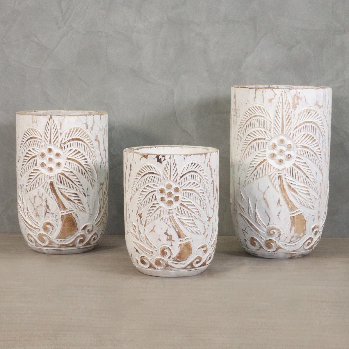 Oriental traditionelle Dekofigur Ursprungsland Holz St), Vase whitewash Handarbeit im Galerie Set 3 (1 in 3er Herstellung Stk Blumenkübel