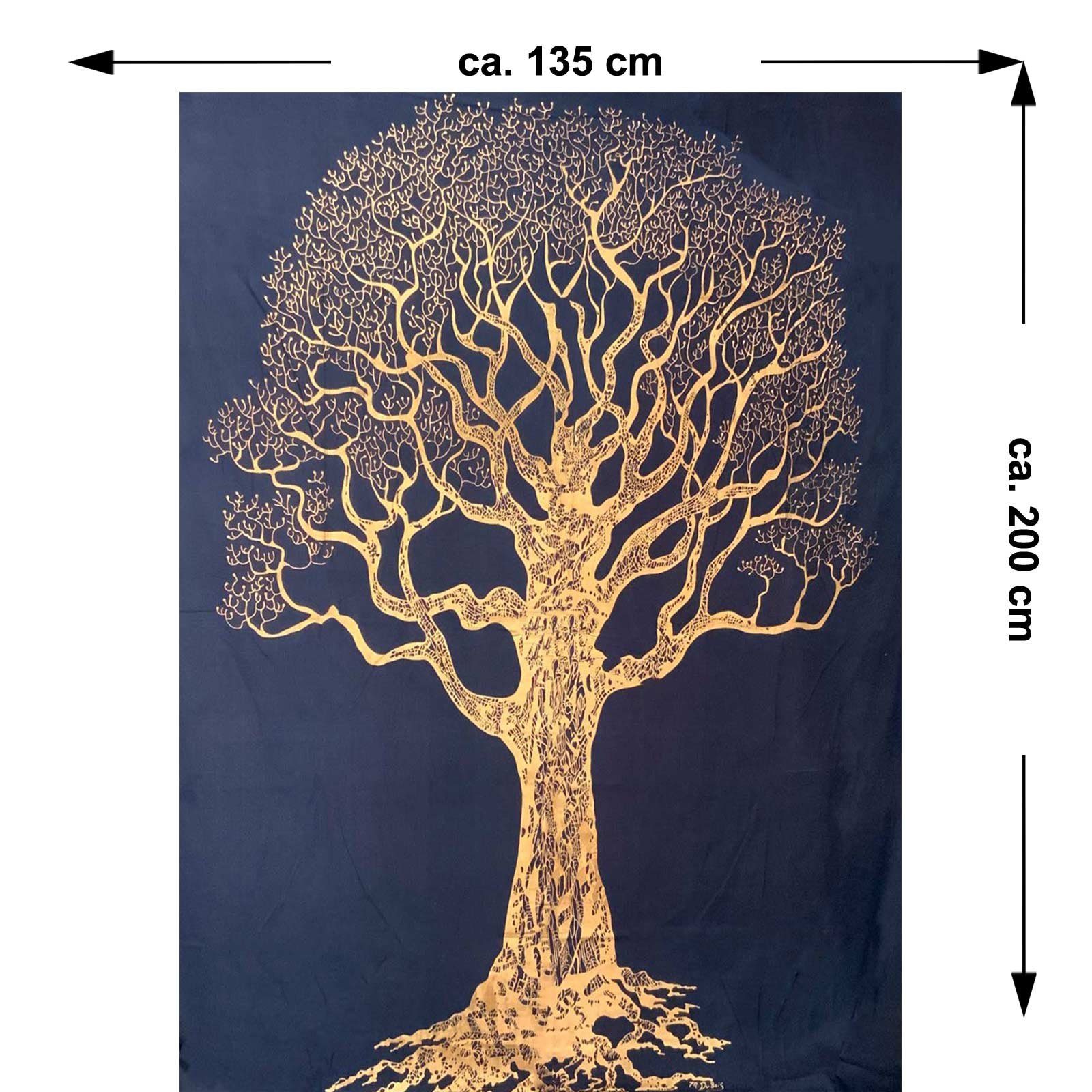 KUNST MAGIE Wandbehang Dekotuch Baum UND Goldener Bohi Elefant Wandteppich Tagesdecke ca.200x135cm,