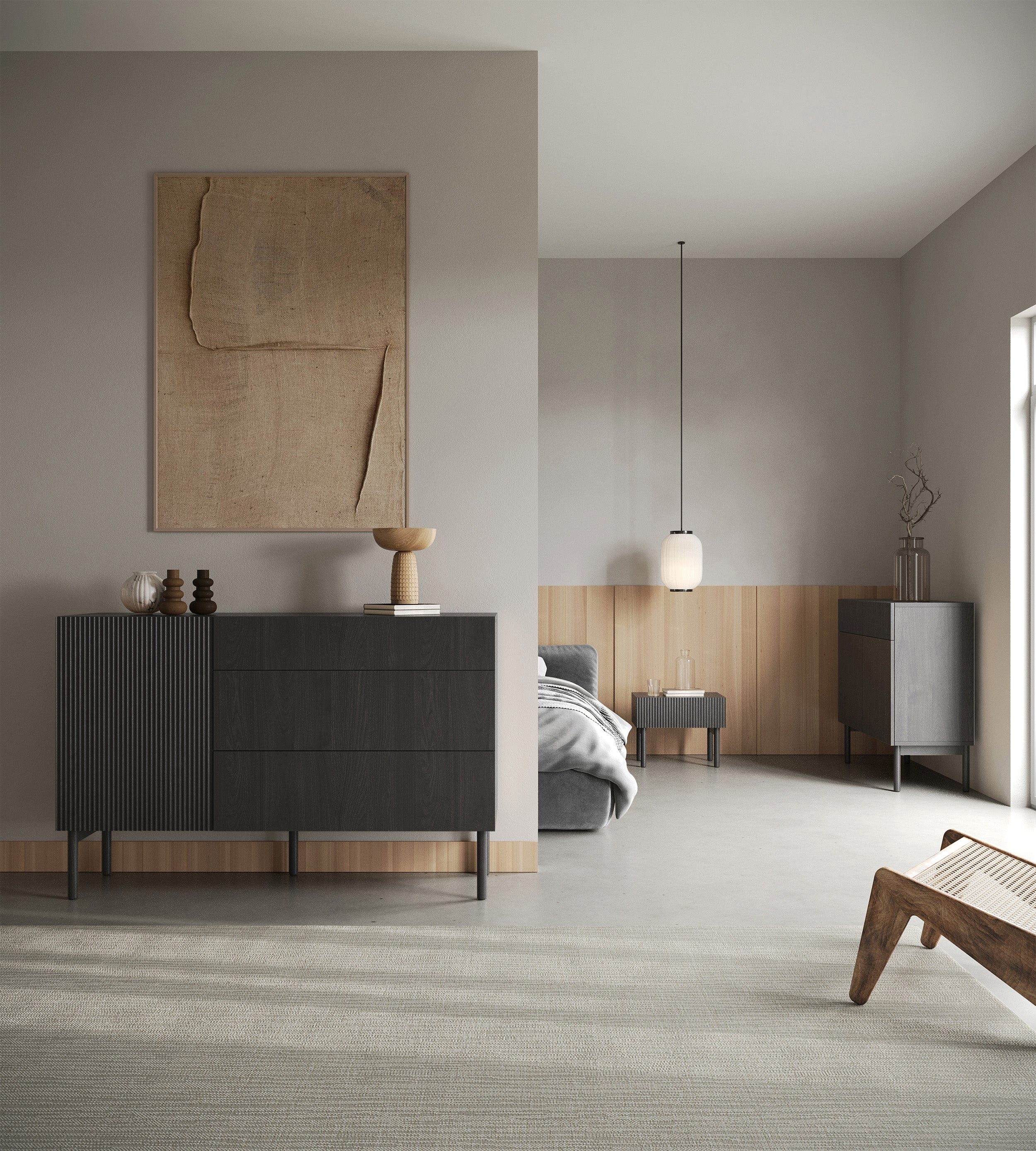 Selsey Nachttisch NOLIE, mit Schublade, geriffelter Front und Beinen aus Massivholz, 50 cm