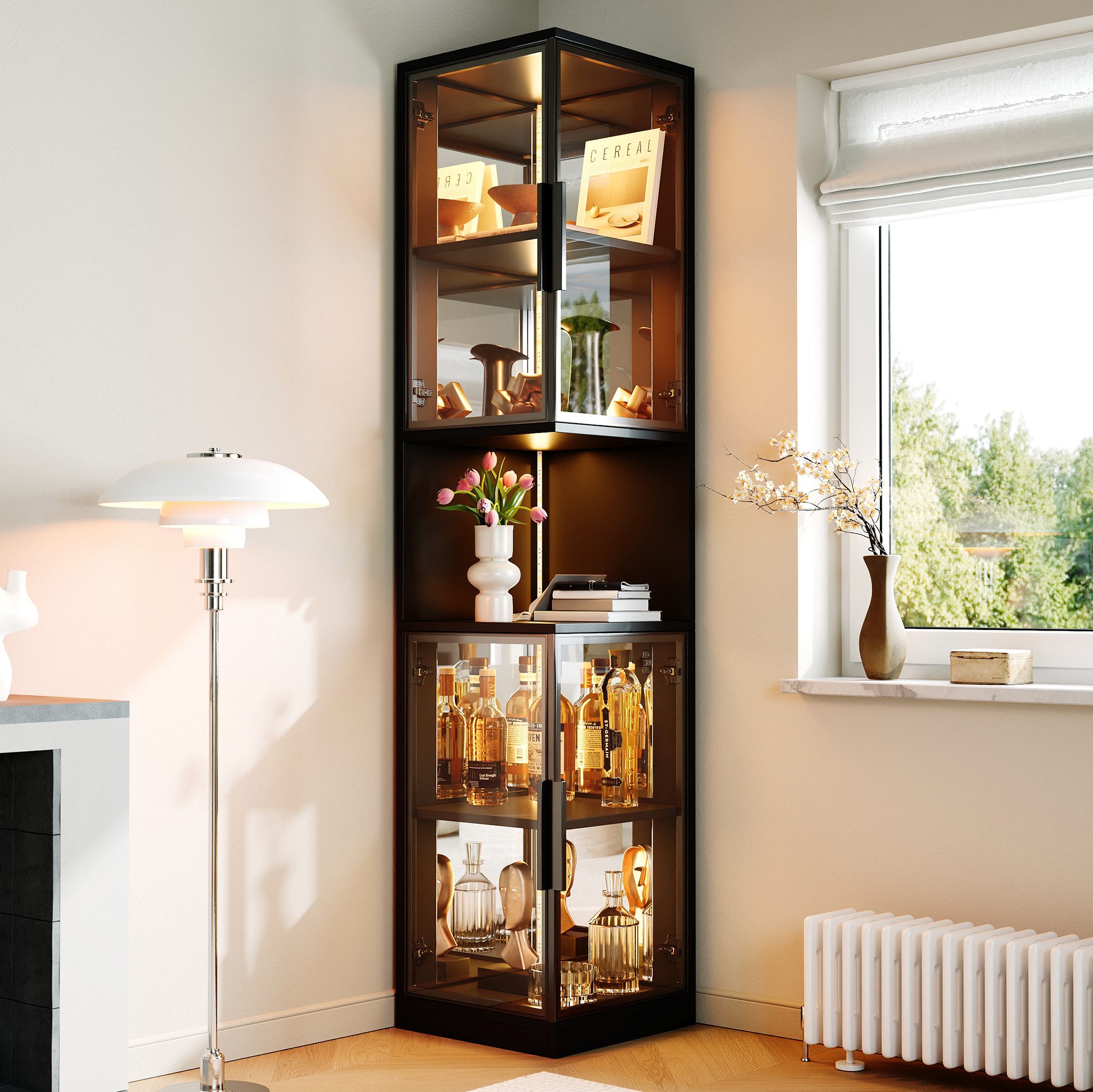 MODFU Vitrine Regal 44x205x42 cm mit LED-Beleuchtung & Glastüren (Packung, 1-St., mit farbwechselnder Beleuchtung und Kippschutzvorrichtung–elegant) mit doppelten Glastüren und verspiegelter Rückwand