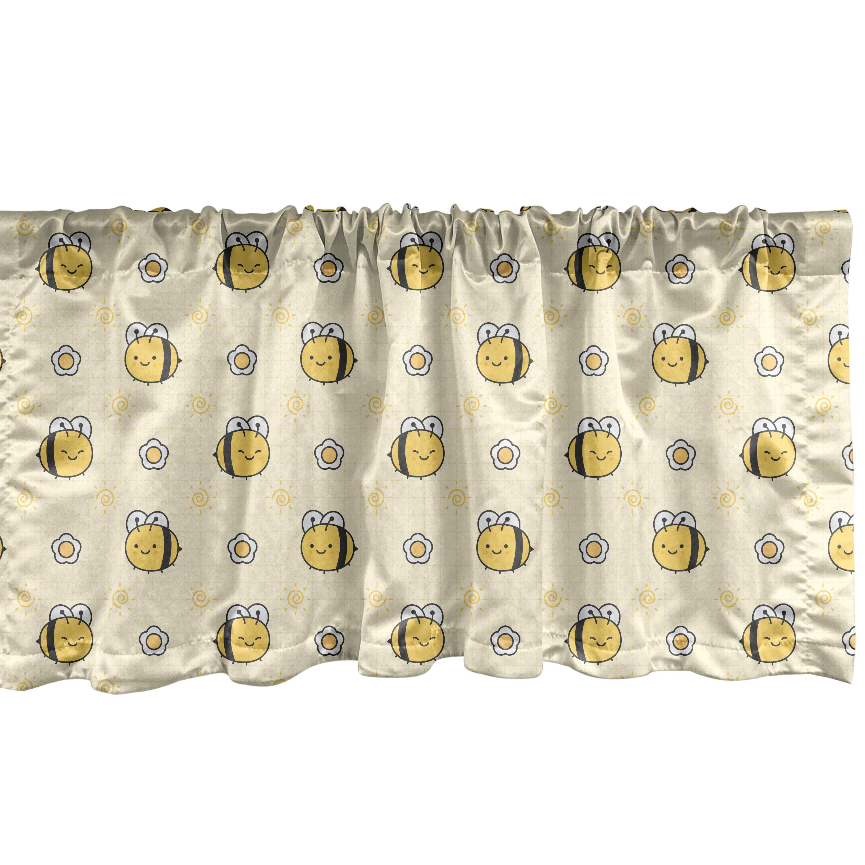 Scheibengardine Vorhang Volant für Küche Schlafzimmer Dekor mit Stangentasche, Abakuhaus, Microfaser, Insekten Happy Little Bienen-Blumen