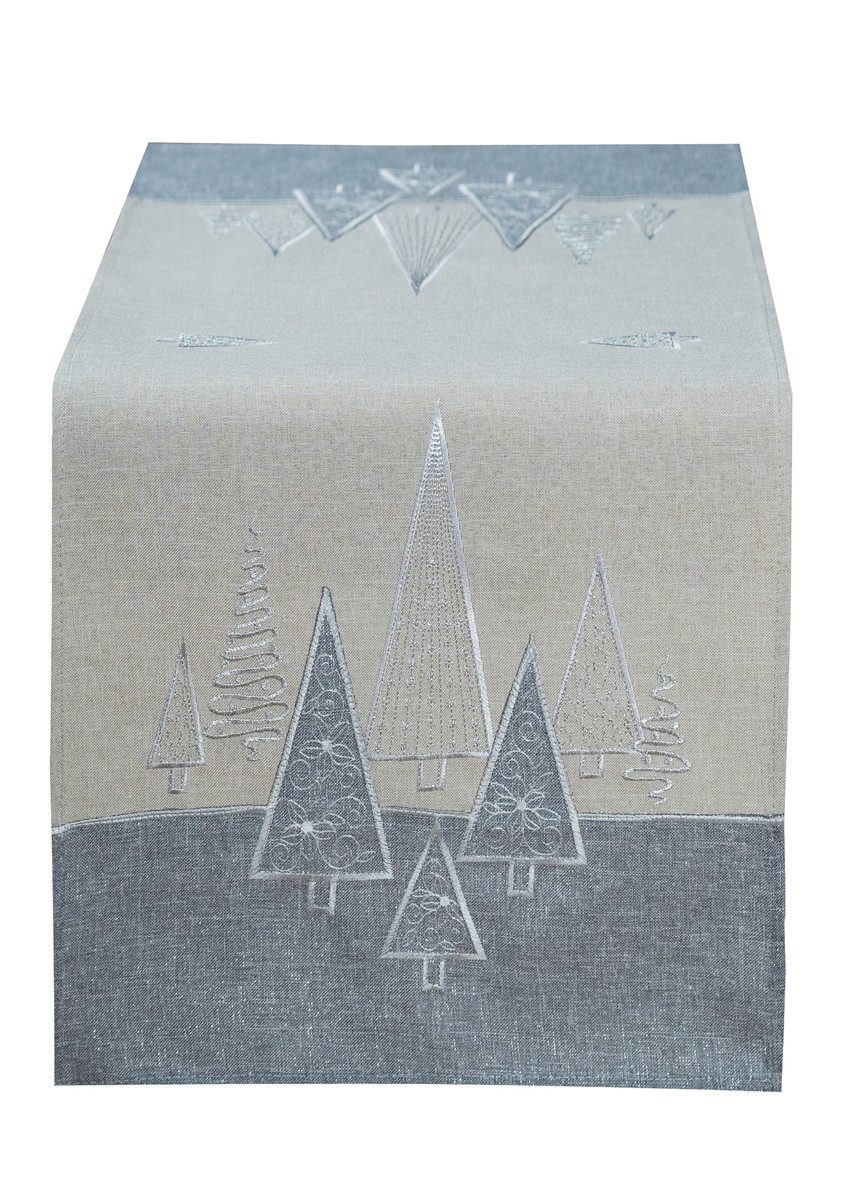 Raebel Tischdecke Dreieck Tannenbaum Tischläufer 40x90 Hellgrau Weihnachten, Dreieck Tannenbaum Stickerei modern Lurex Glitzer Weihnachten Hellgrau