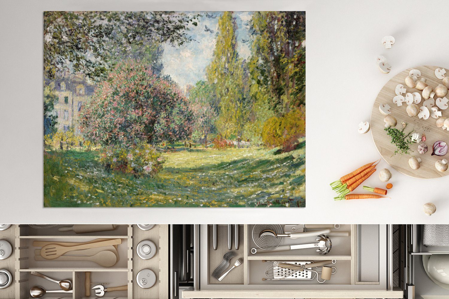 Park MuchoWow Monet, Mobile Arbeitsfläche Claude Gemälde - Der tlg), von cm, Herdblende-/Abdeckplatte (1 Vinyl, Monceau nutzbar, Ceranfeldabdeckung 70x52