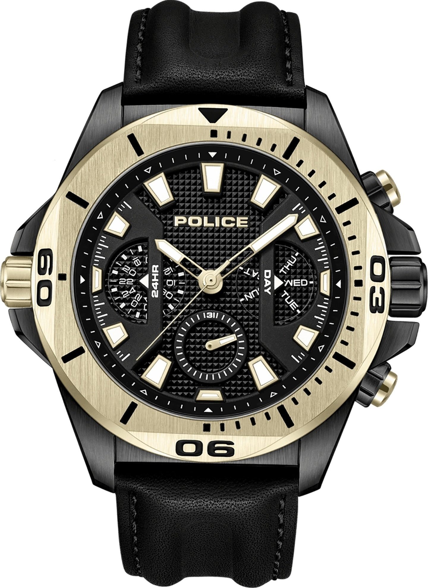 Police Multifunktionsuhr Police Herrenuhr Leder schwarz, (Multifunktionsuhr), Herrenuhr rund, extra groß (ca. 46x54mm) Lederarmband, Luxus-Style