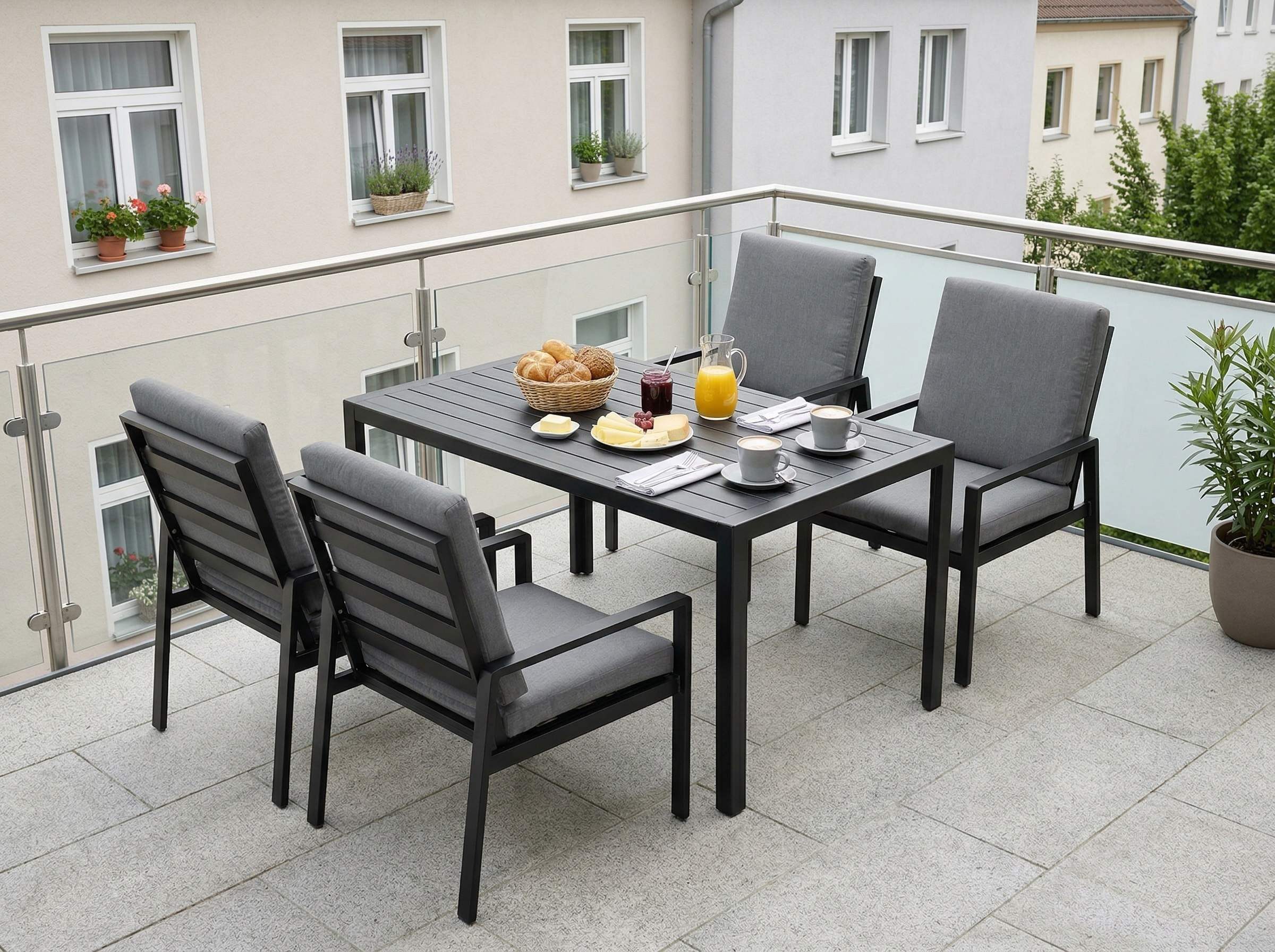 MeXo Gartenlounge-Set Lounge Gartenmöbelset Aluminium Wetterfest, (Garten Essgruppe für 4 Personen, 5-tlg., 4 Sessel, Esstisch 140x80x70 cm), 85 cm Rückenlehne, hoher Sitzkomfort