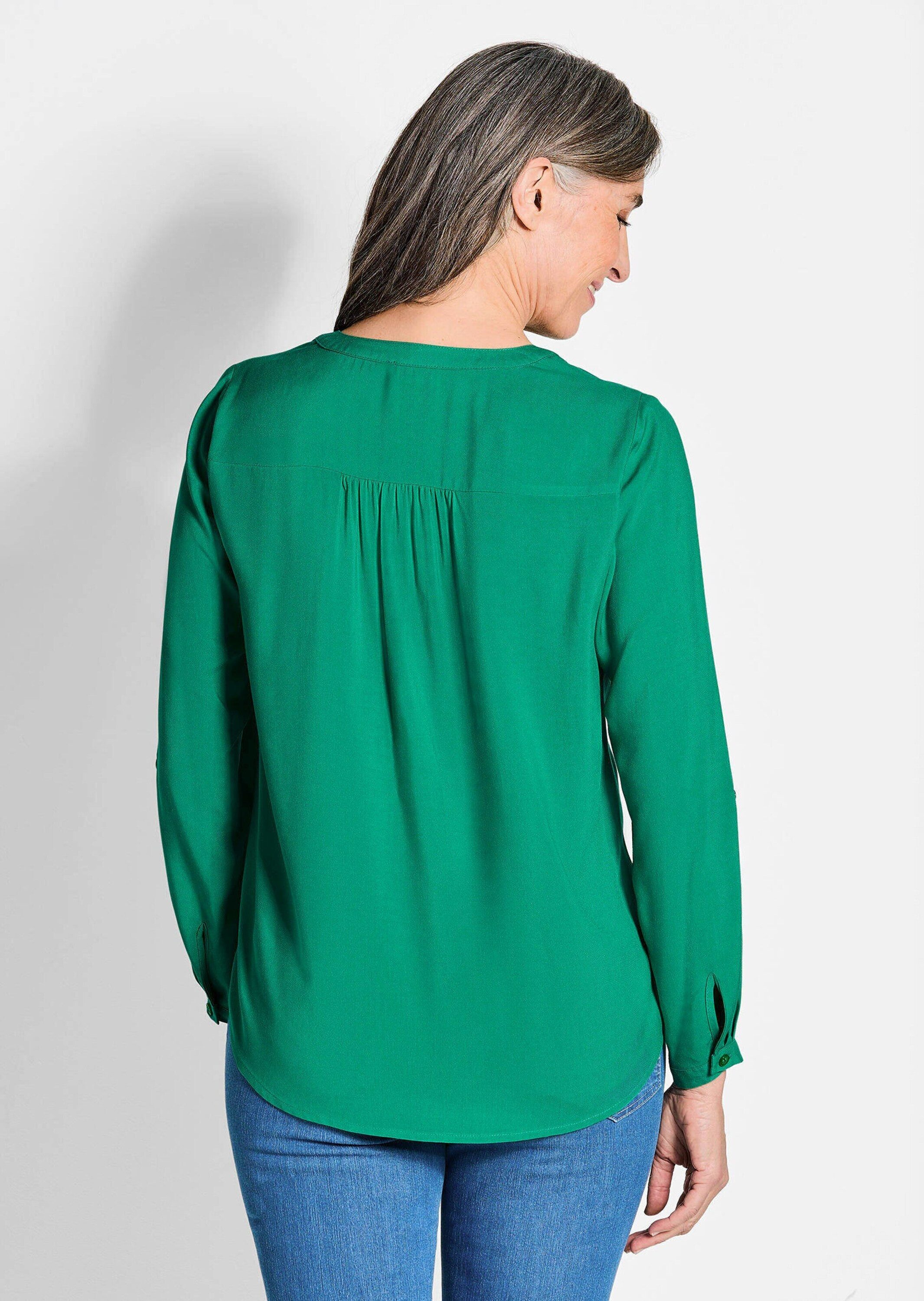 GOLDNER Schlupfbluse Kurzgröße: Elegante Viskosebluse mit V-Ausschnitt Luftige Bluse mit Fältchen, Knopfleiste und Langarm