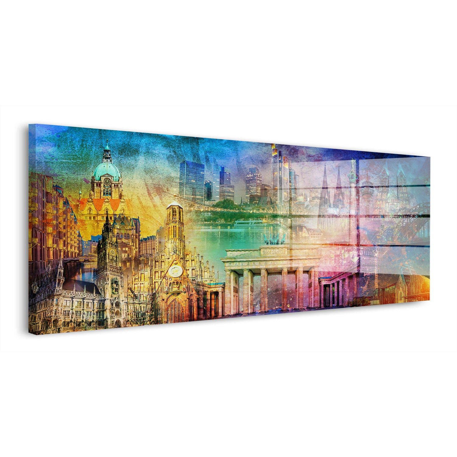 Artedinoi Acrylglasbild Deutschland Acrylglasbild Wandbild Pop Art Städtecollage Bunt XXL, Collage deutscher Städte und Wahrzeichen in Pop-Art