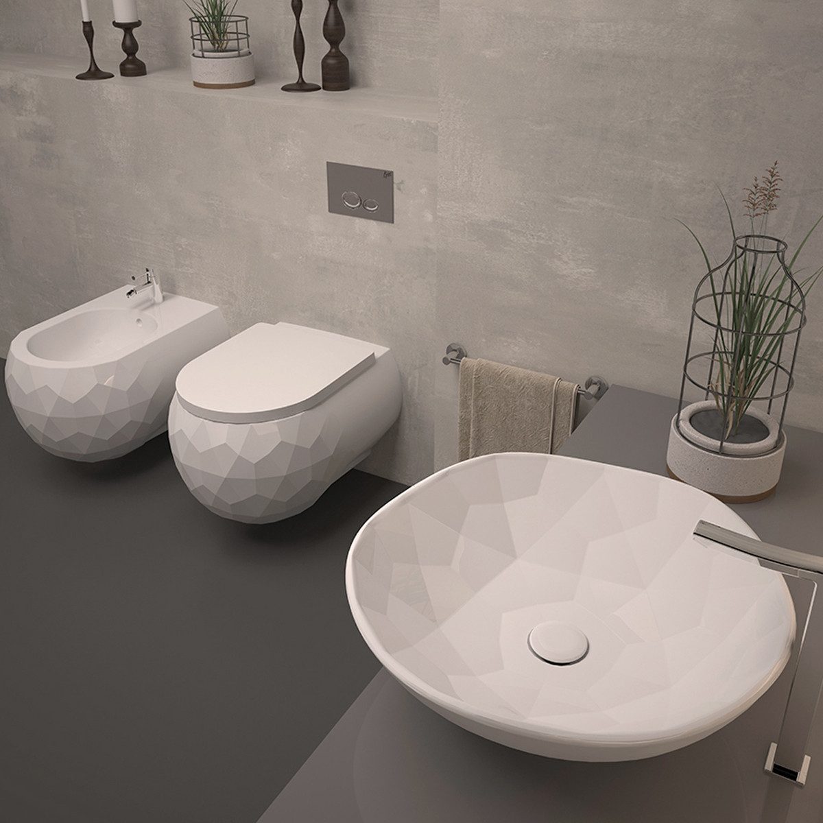 Ekershop Dusch-WC PENT 3D GOLFBALL DESIGN Randloses Hänge Taharet Dusch WC, Wandhängend, Wandmontage, Abgang Waagerecht, WC-Sitz mit Absenkautomatik