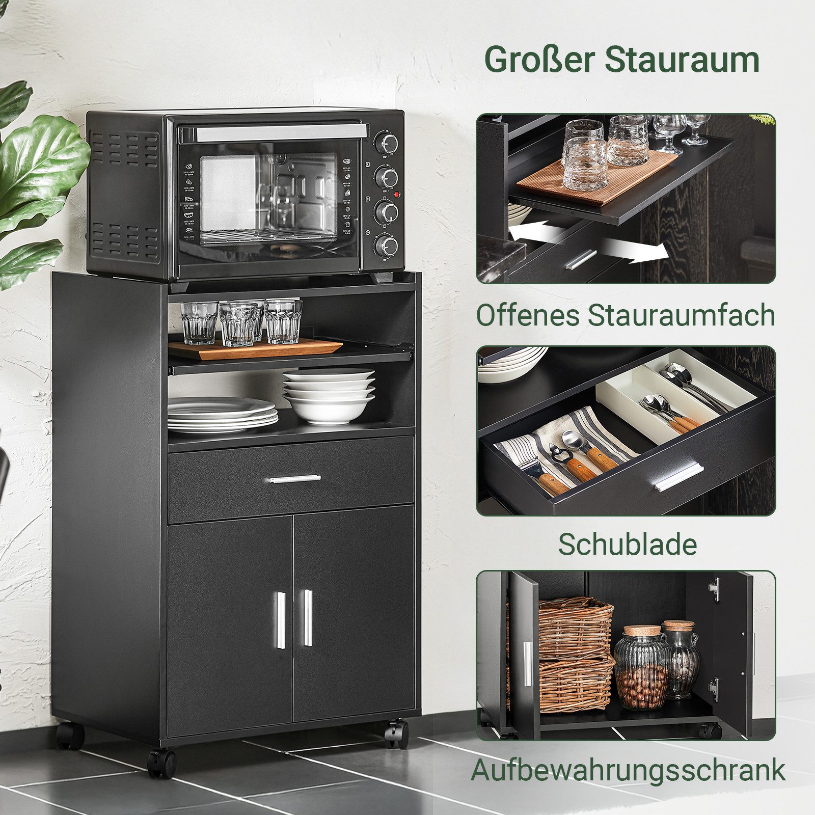 SoBuy Küchenwagen FSB09, Servierwagen mit Arbeitsplatte Aufbewahrungsschrank, Küchenschrank Rollschrank Mikrowellenschrank mit Ablagen und 2 Türen