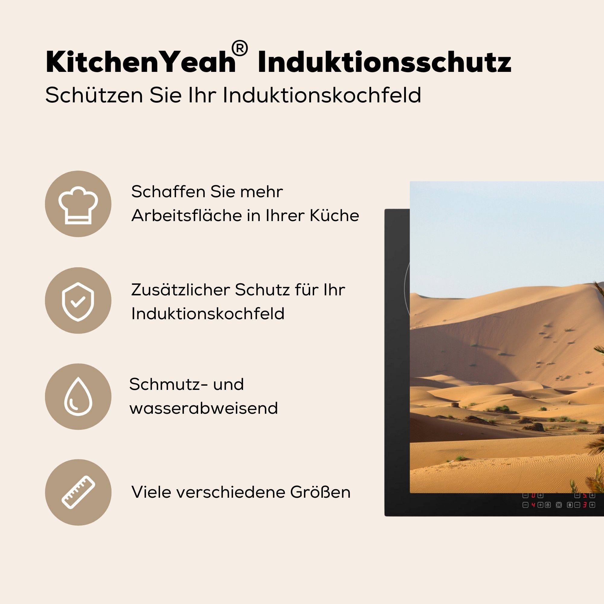 Chebbi, Dünen bei Mobile in 70x52 cm, Erg Merzouga Ceranfeldabdeckung (1 und Herdblende-/Abdeckplatte MuchoWow Palmen tlg), nutzbar, Vinyl, Marokkanische Arbeitsfläche