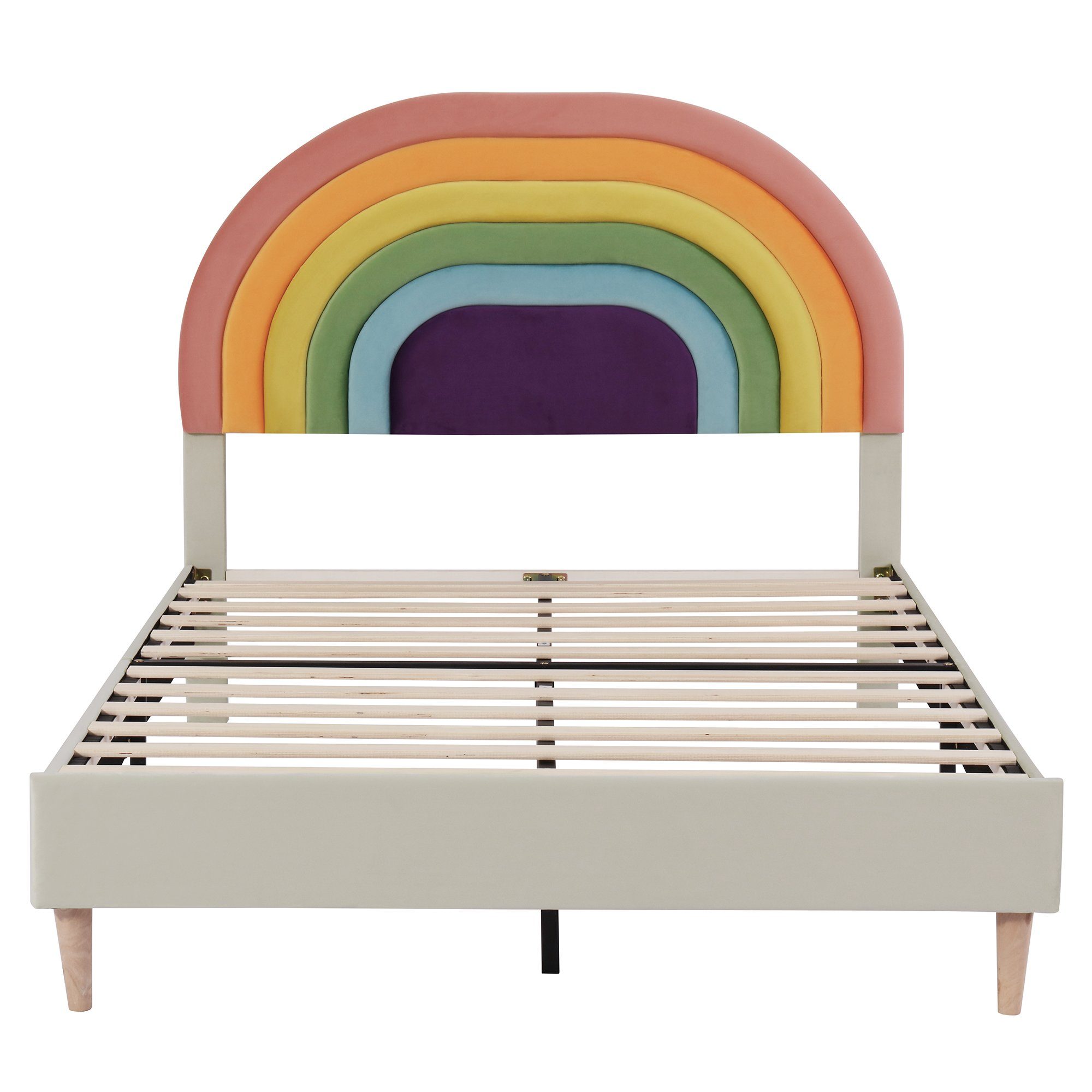 Polsterbett (Jugendbett mit Lattenrost), Kinderbett mit verstellbarem Regenbogen-Kopfteil, 140x200 cm, Samt
