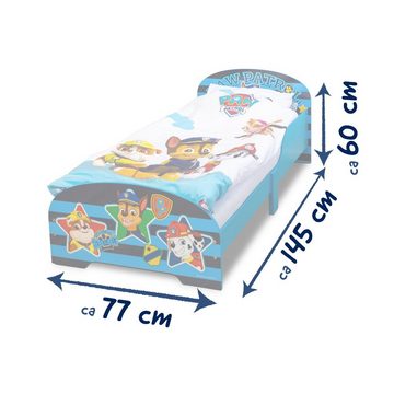 W&O Products B.V. Kinderbett PAW Patrol Bett 140 x 70 cm, Kinderbett für Jungen und Mädchen ab 2 Jahren, Juniorbett mit Rausfallschutz & Lattenrost, Kinderzimmermöbel mit coolem Design (tierische Helden), Paw Patrol Design