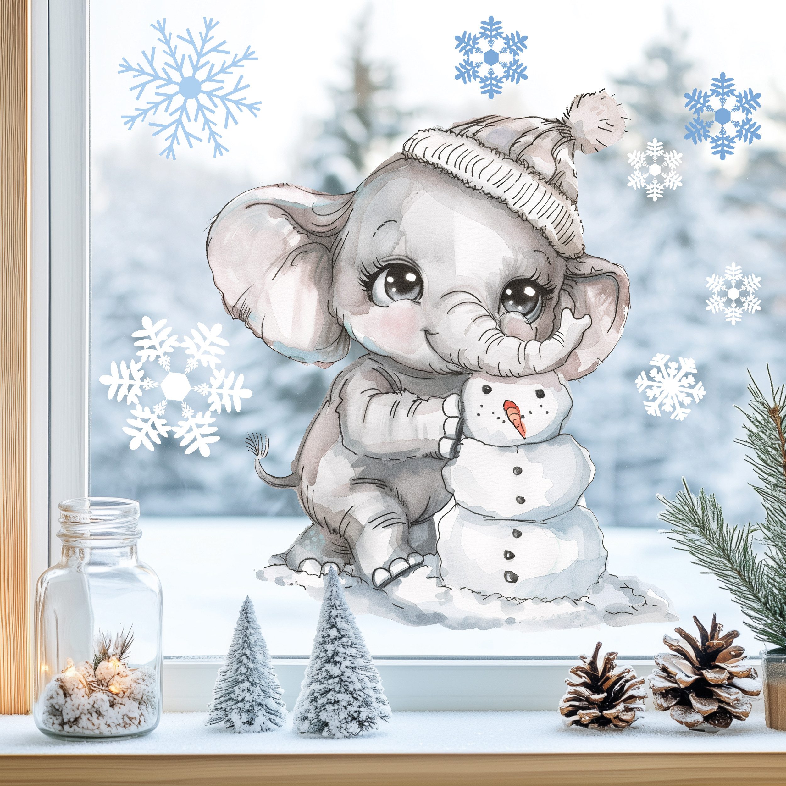 Sunnywall Fensterdekoration Kinderzimmer Fensterbild Winter Elefant mit Sch günstig online kaufen