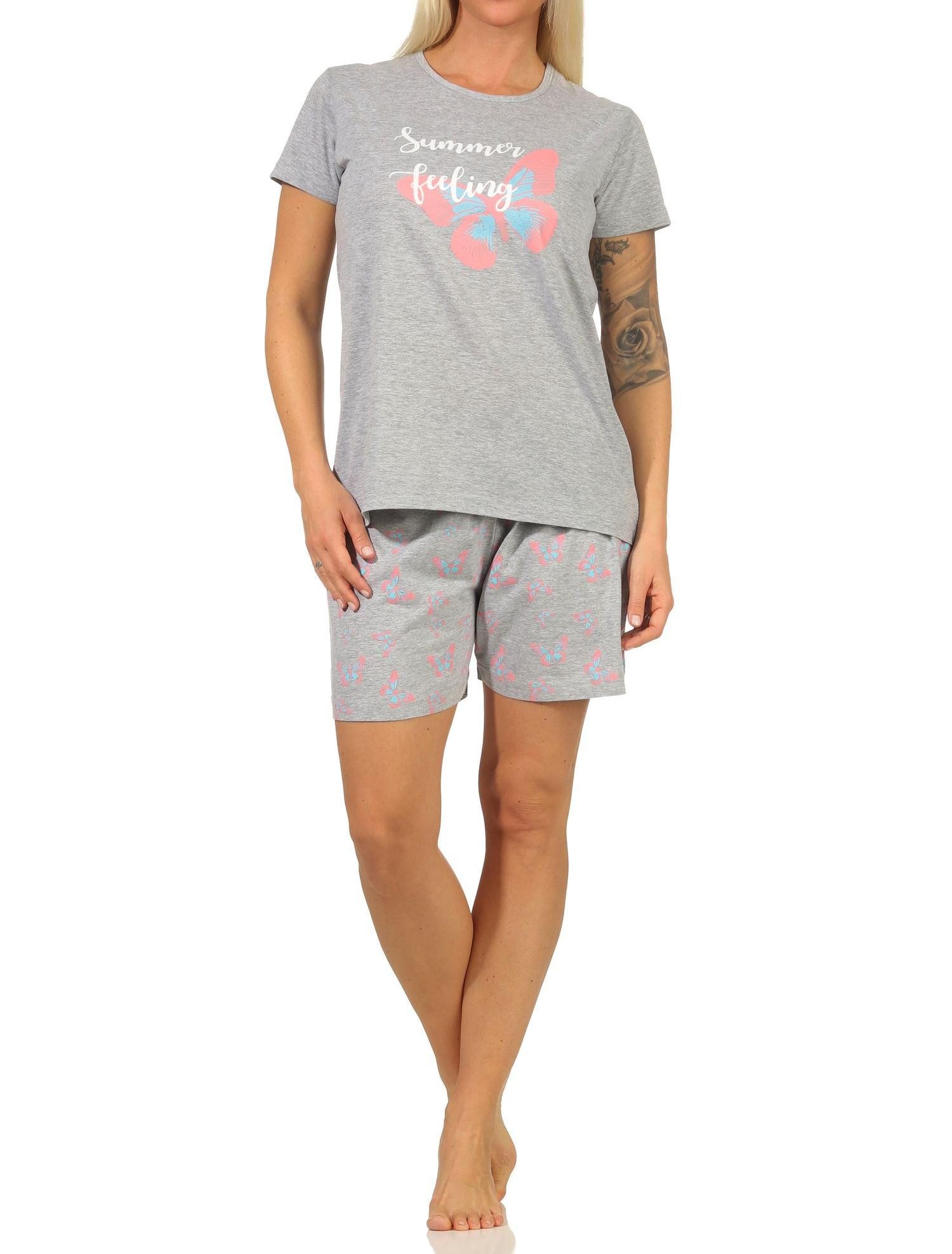 RELAX by Normann Pyjama Sommerlicher Damen kurzarm Shorty Schlafanzug mit Schmetterlingsmotiv