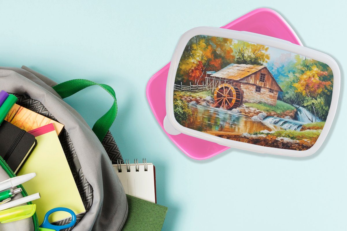 Mädchen, MuchoWow Erwachsene, Herbst, - Snackbox, Lunchbox Kunststoff Zuhause Brotdose Malerei für Brotbox Kunststoff, Kinder, rosa - - (2-tlg), Kunst - Landschaft