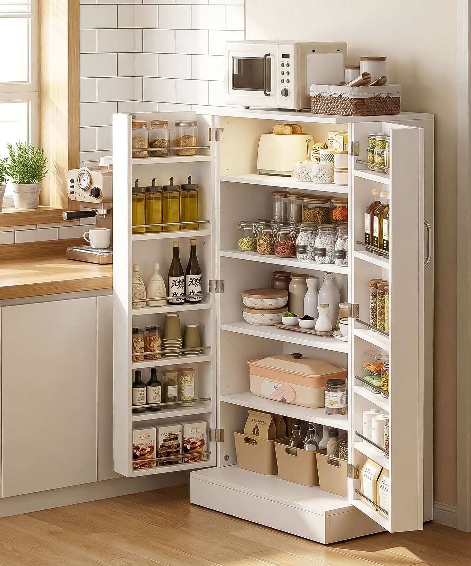 Yorbay Mehrzweckschrank Küchenschrank mit LED-Sensorlicht & höhenverstellbaren Regalen (118x60x38cm) Freistehender Vorratsschrank mit Doppeltüren für Küche & Wohnzimmer