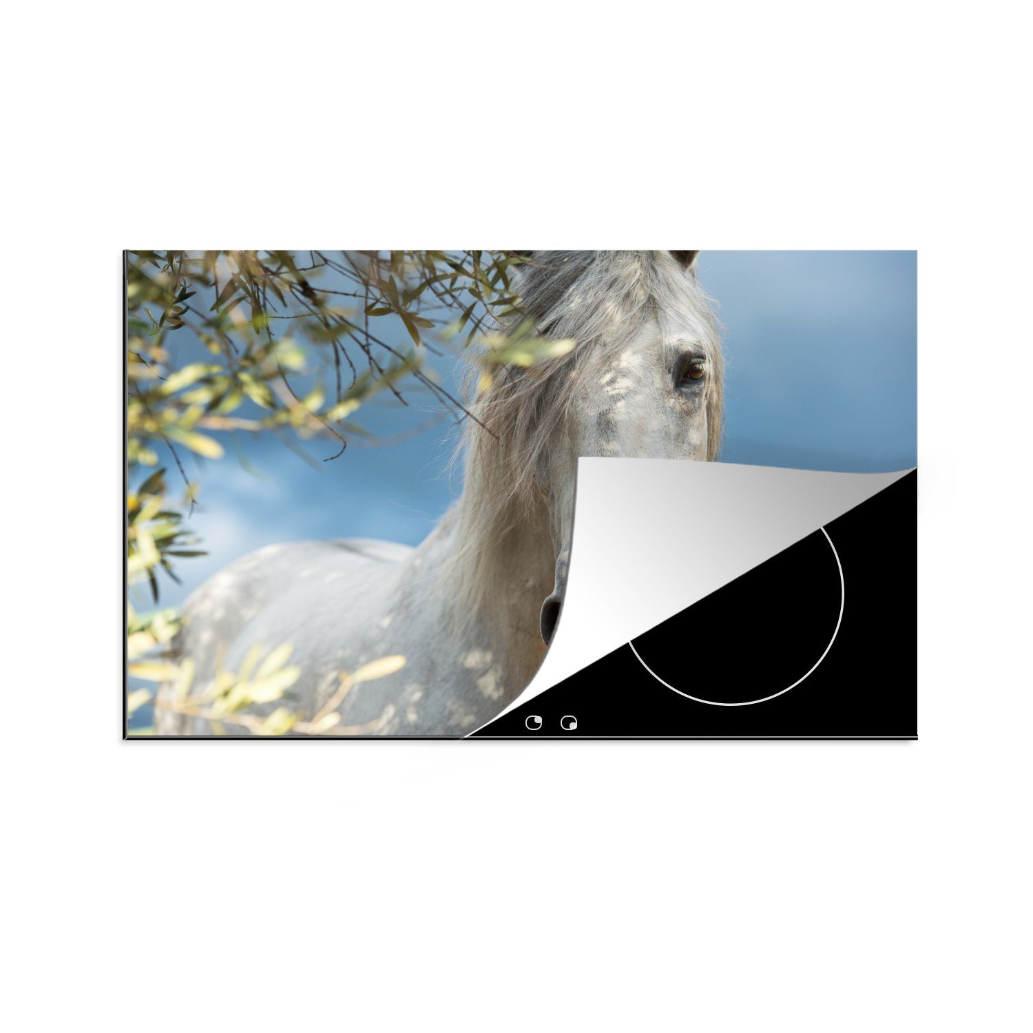MuchoWow Herdblende-/Abdeckplatte Pferde - Laub - Zaun, Vinyl, (1 tlg), 81x52 cm, Induktionskochfeld Schutz für die küche, Ceranfeldabdeckung