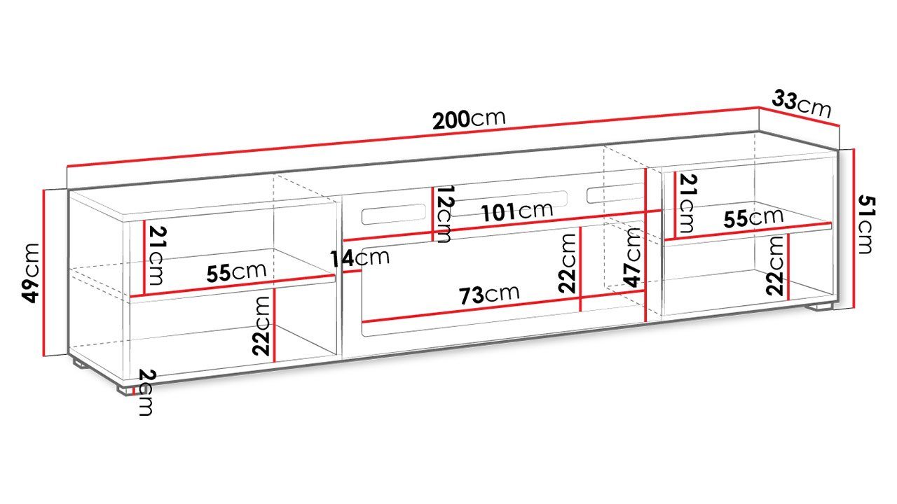 Weiß + Gehärtetes Polo LED-Flamme, Weiß Hochglanz cm TV-Schrank (mit / Schwarz Kamin) 200x33x51 Mirjan24 Elektrische Realistische Glas, 200