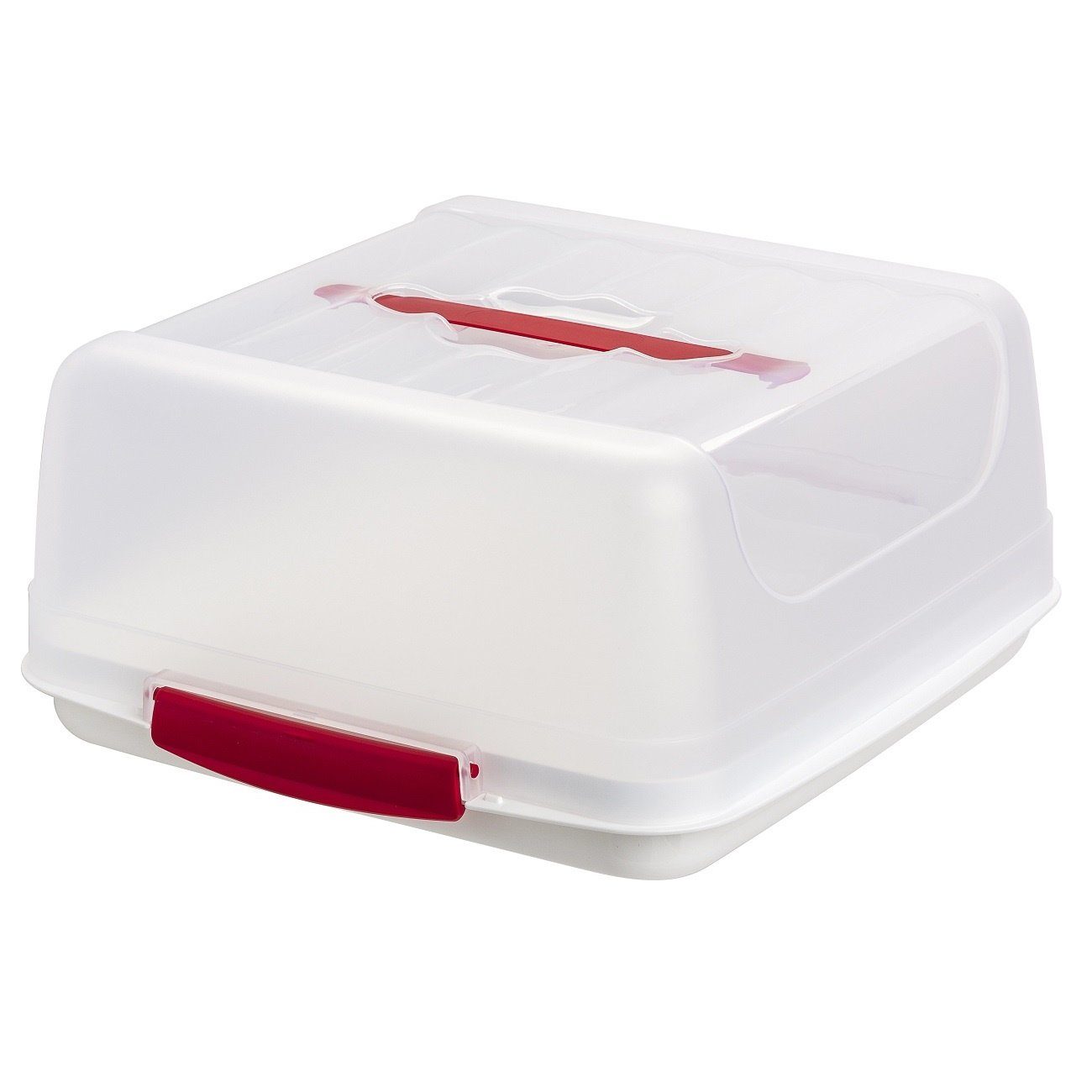 Engelland Kuchentransportbox Kuchenbox mit transparentem Deckel, Kunststoff, (Vorteils-Set, 1-tlg., sicheres Transportieren), mit Tragegriff und Klickverschluss, BPA-frei, rechteckig, Kunststoff Transparent/Rot/Weiß