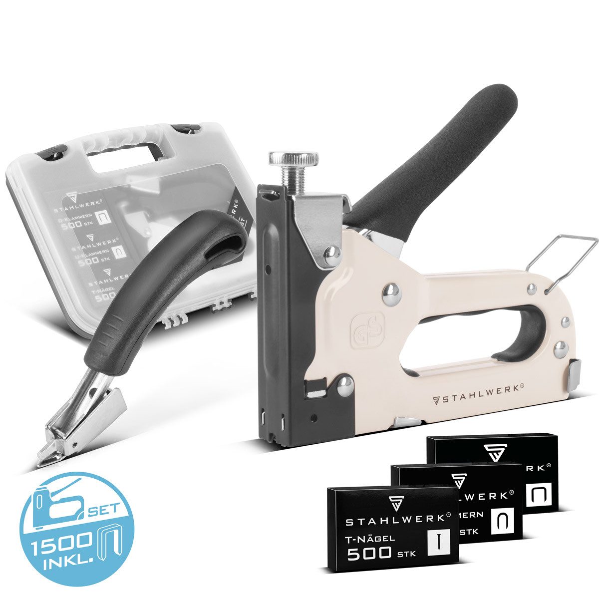 STAHLWERK Handtacker Set mit Tacker Klammerentferner + 1500 Klammern und Nägel, (Packung, 1 tlg., Einzelgerät), inkl. Klammern