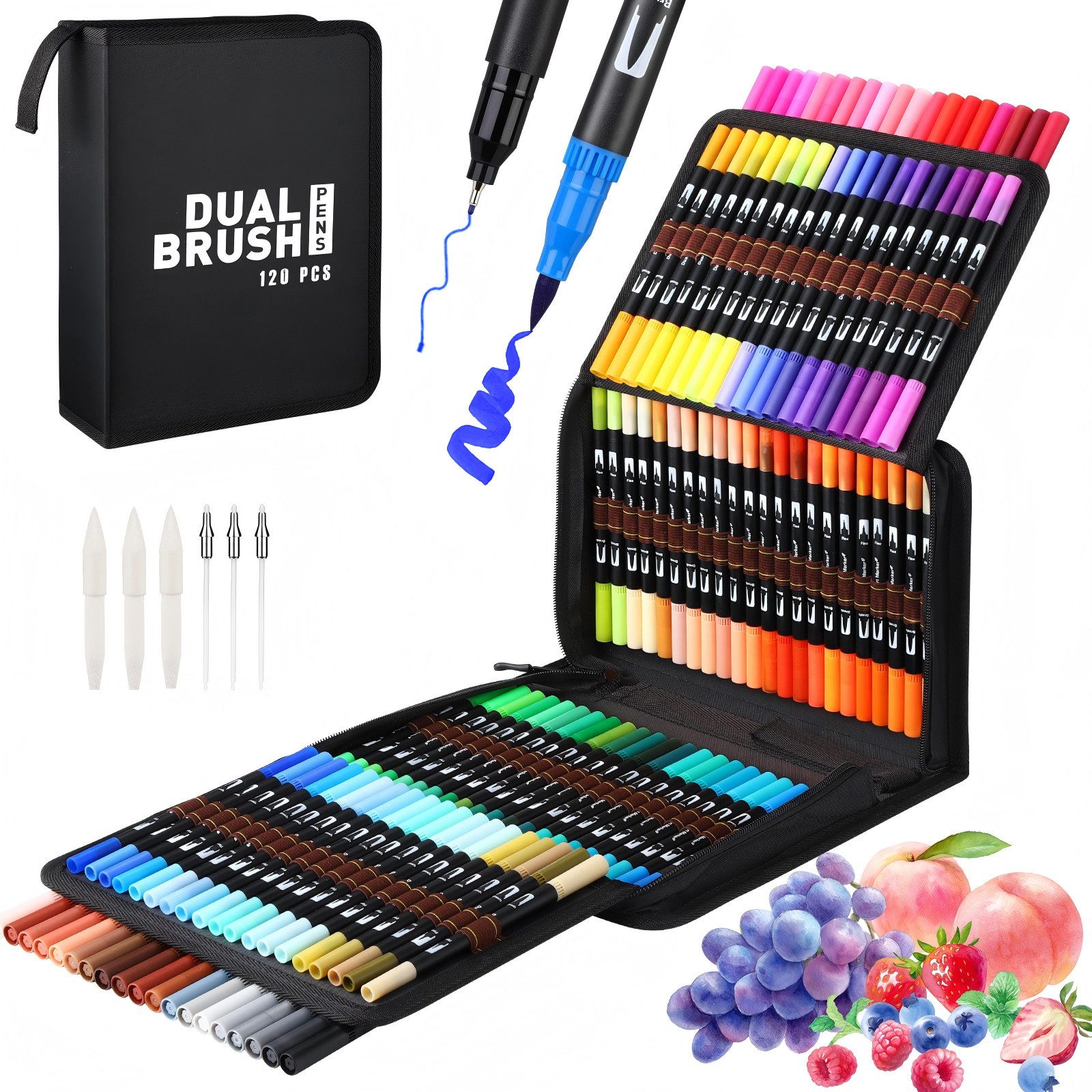 Kityhome Filzstift 120 Farben Dual Tip Marker Stifte Filzstifte fein breit Ersatzspitzen, (Set, 120-tlg., 3 Ersatzpinselspitzen/3 Ersatzfeinspitzen), Filzstift,Farbstift,Wasserbasierte Tinte,Ideales Kindertagsgeschenk