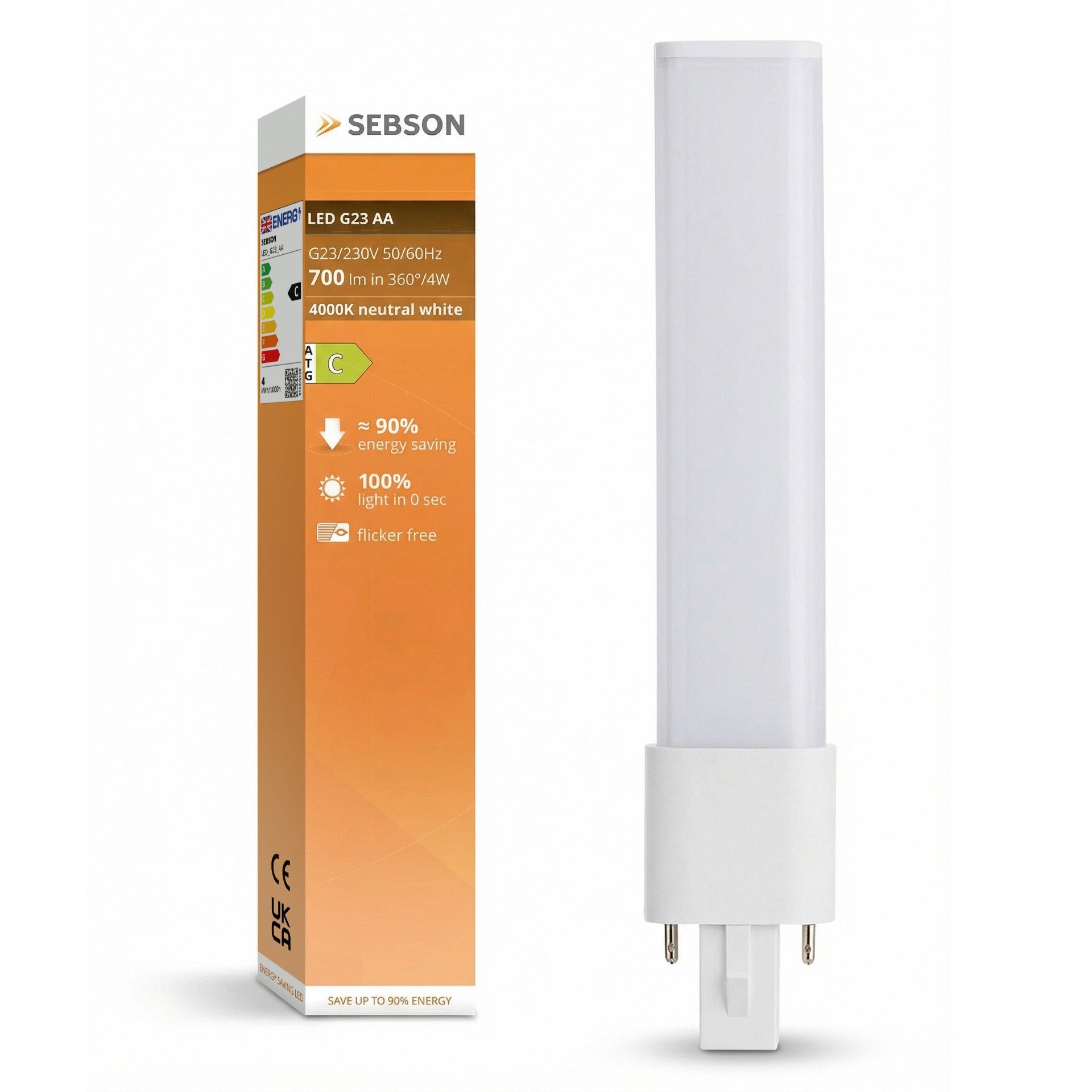 SEBSON LED-Leuchtmittel LED Lampe G23 2-Pin 4W 4000K 700lm ersetzt 7W Kompaktleuchtstofflampe, G23, 1 St., Neutralweiß, kompatibel mit Dulux S & PL-S, 2-Pin Sockel 4000K 700lm 230V AC & CCG