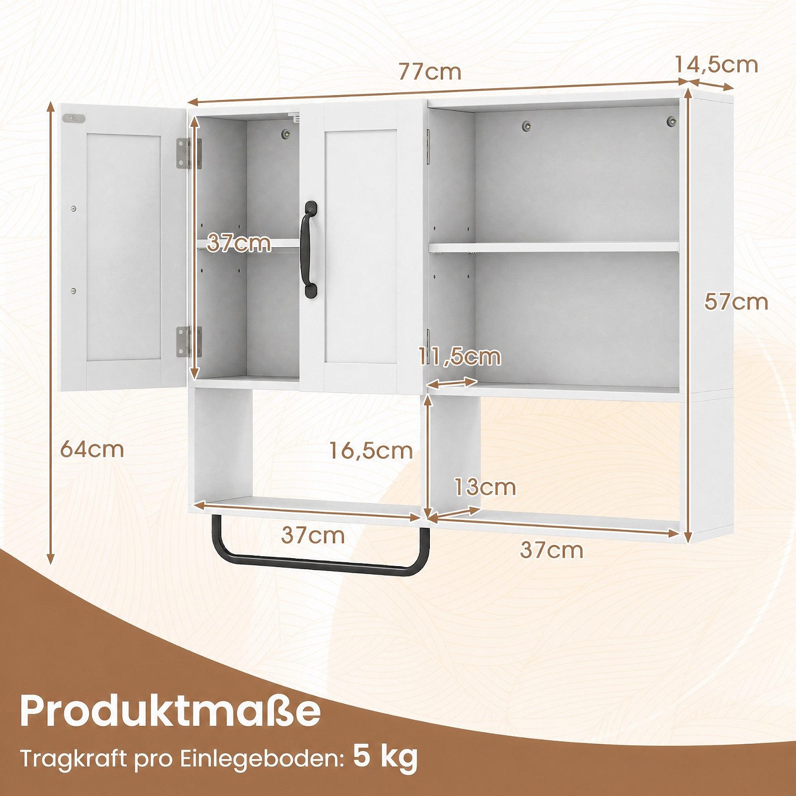 COSTWAY Hängeschrank Badezimmerschrank mit Handtuchhalter, Fächern Wandschrank Holz – Bild 5 von 5
