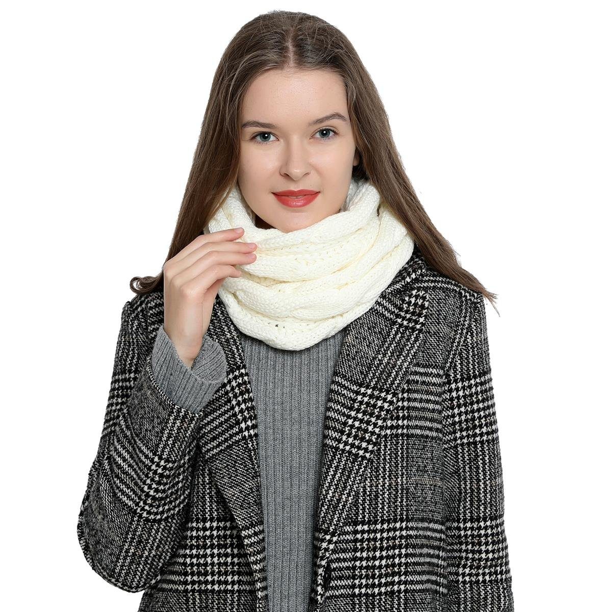 DonDon Schal Damen Winterschal Strickschal (1-St), warm Schal, weiß Strickmuster und Schlauchschal, weich