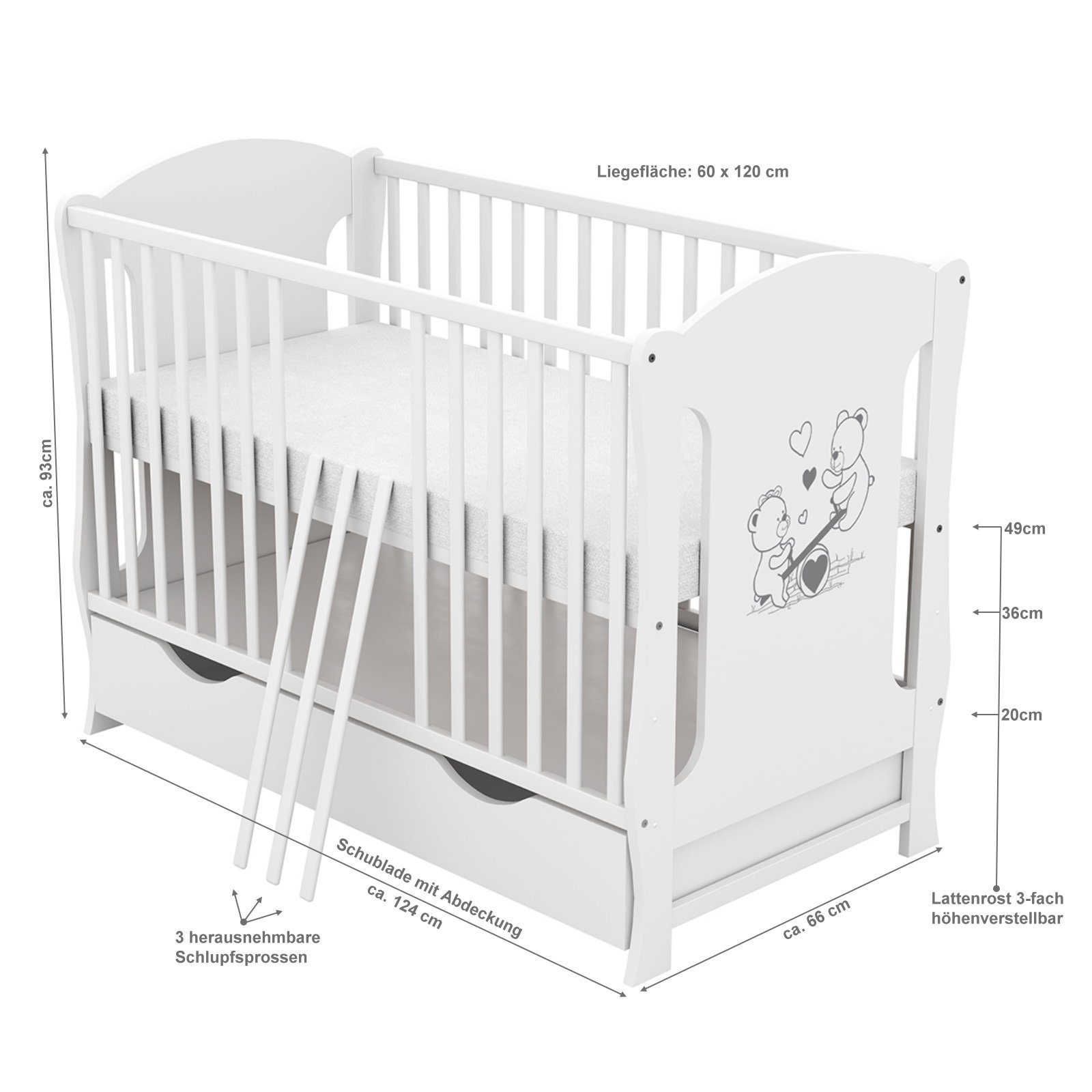 Baby-Delux Babybett Lia, Kinderbett 60x120 cm weiß Schublade Kiefer Teddy Wippe Motiv Matratze
