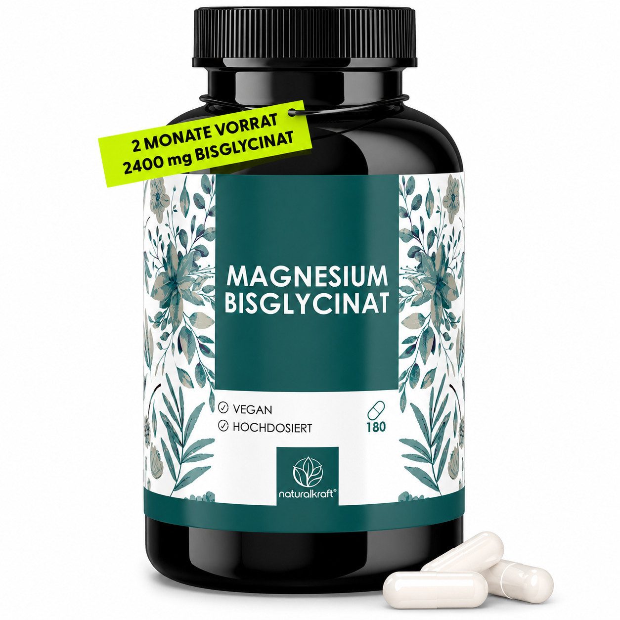 Naturalkraft Magnesium Bisglycinat Kapseln 2400 mg hochdosiert 180 Kapseln - Vegan Kapseln, 165 g
