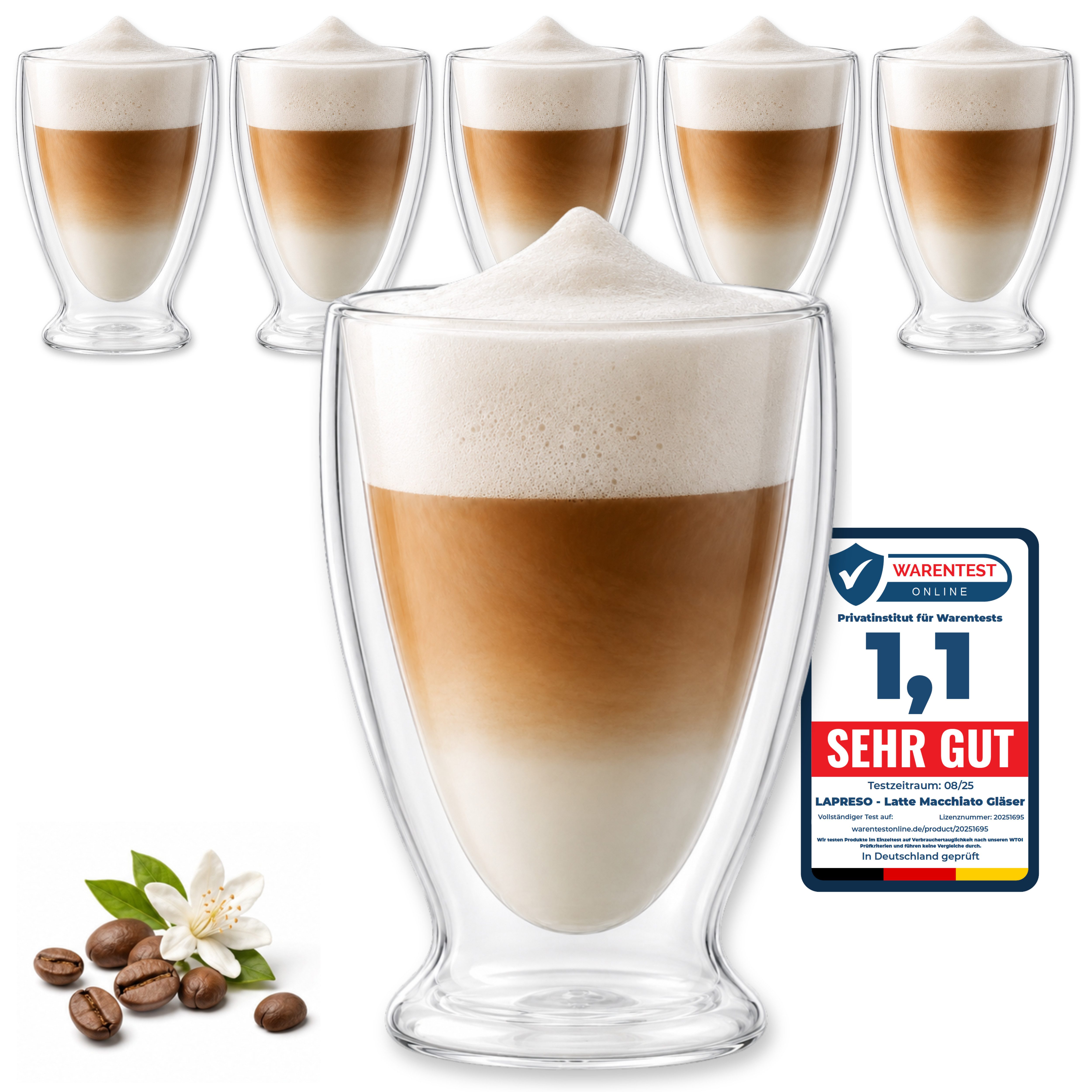 LAPRESO Latte-Macchiato-Glas Doppelwandig Thermogläser Kaffeegläser Set 300 ml, 7-tlg., Borosilikatglas, 6er Set