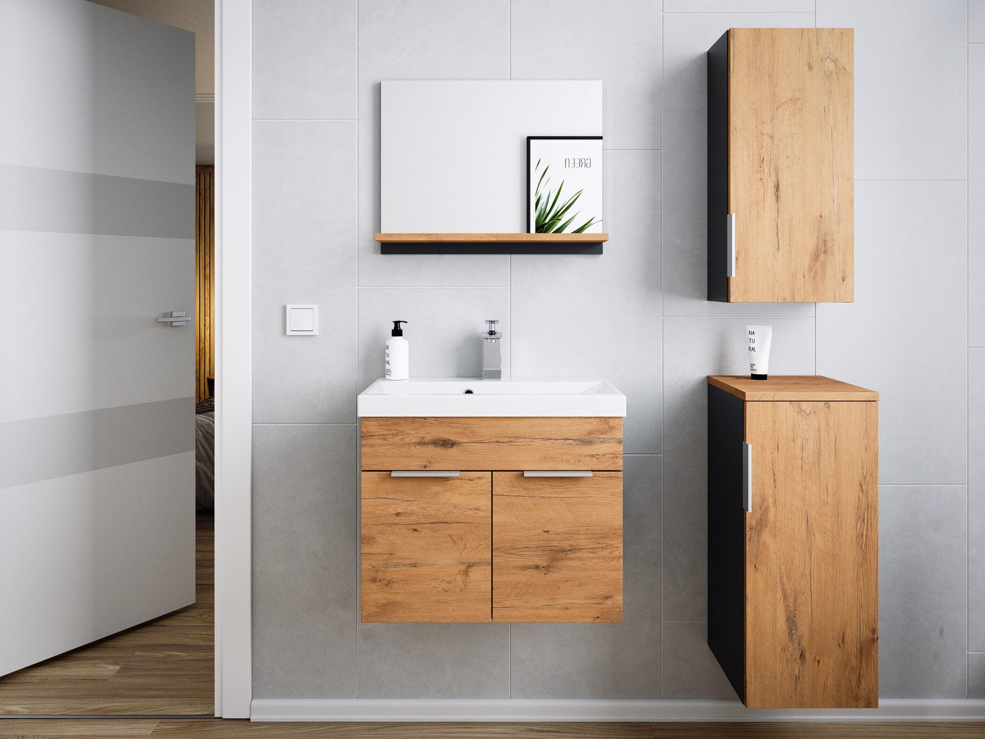 Magnolia Home Badmöbel-Set Badmöbel-Set Slimline Vega 4tlg mit Spiegel & Midischränke Oak/ grafit, Soft-Close