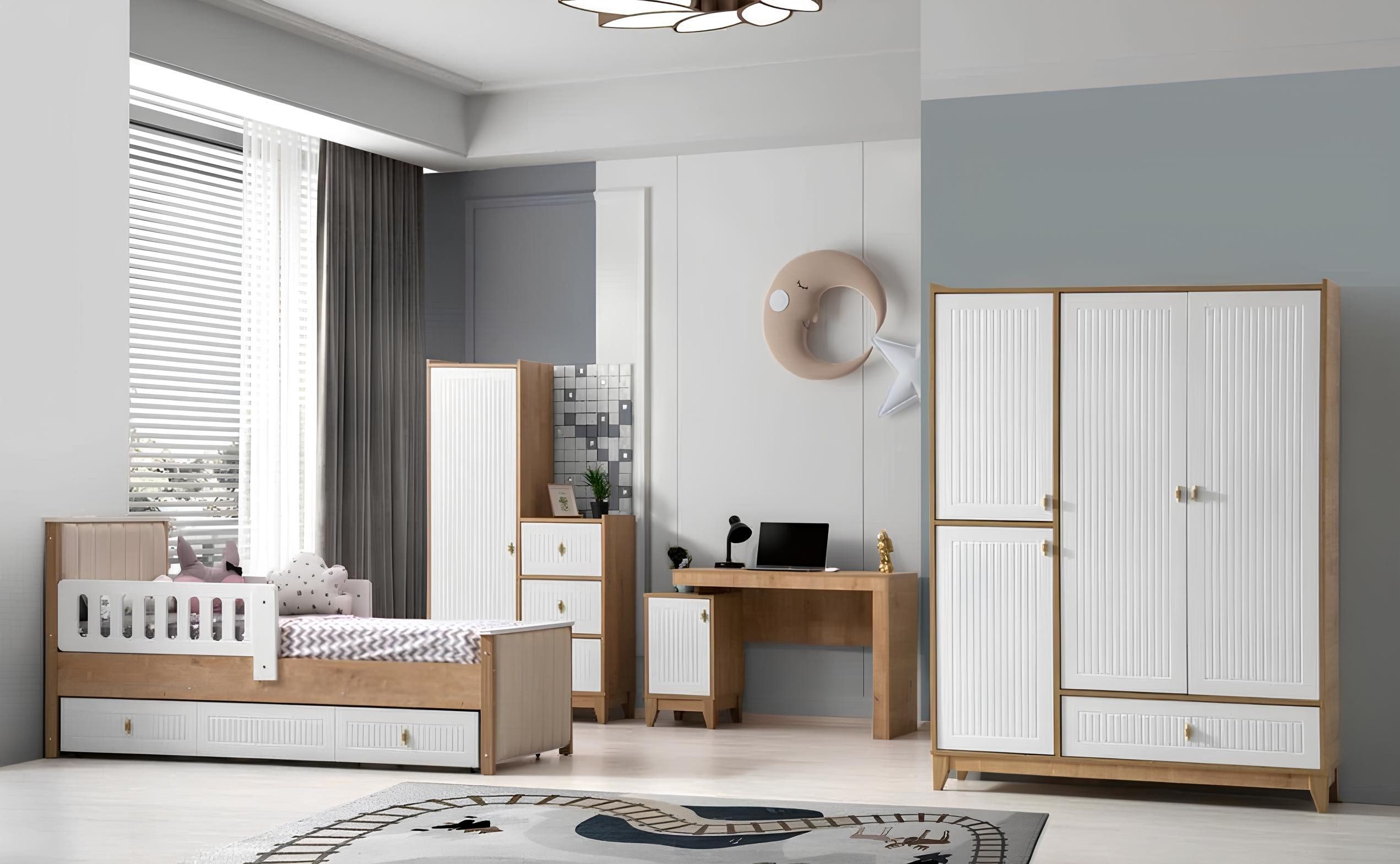 Jugendzimmer-Set Helles Kinderzimmer Set in Weiß mit Bett, Schränken und Tisch