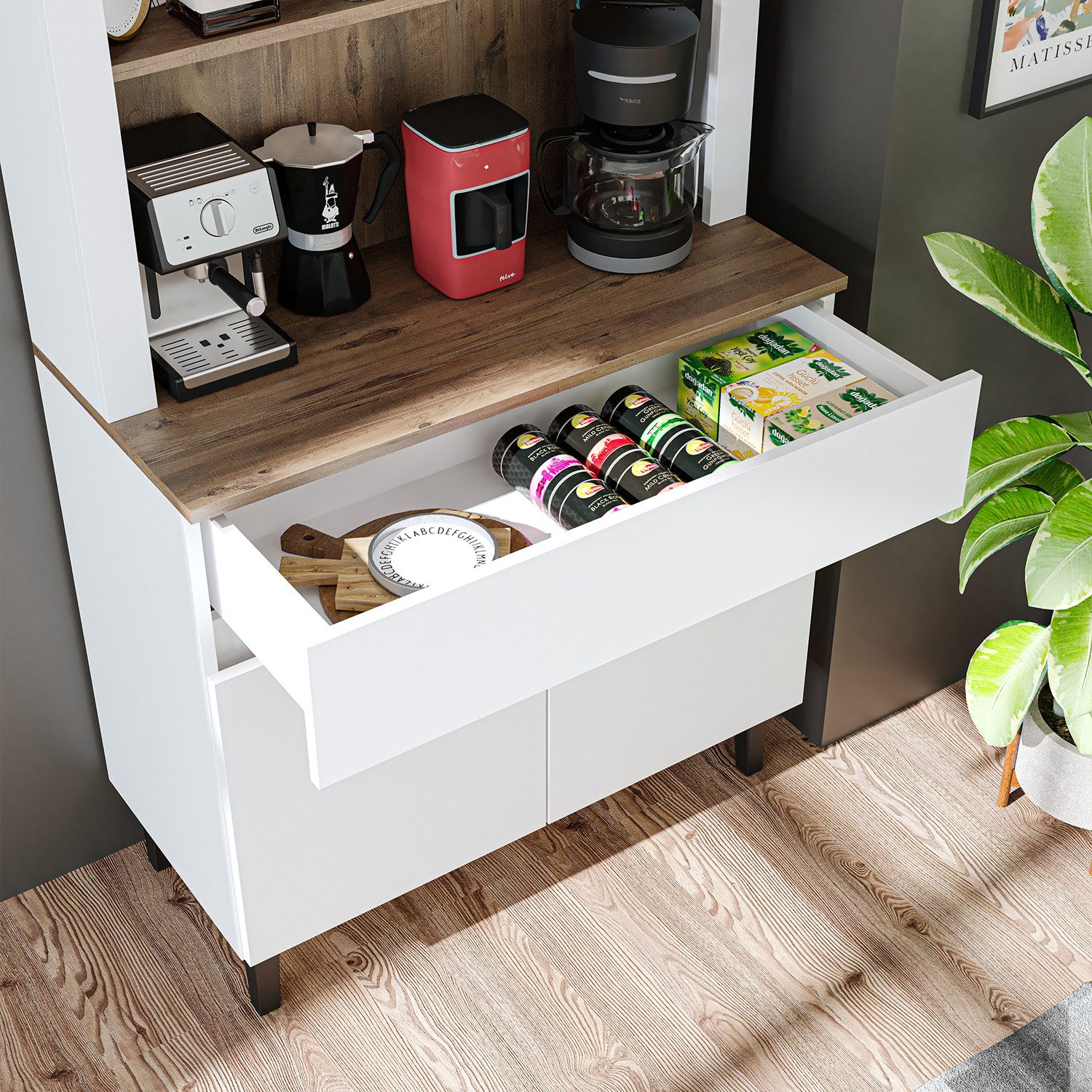 Roomart Küchenregal VENEDIK Küchenschrank 90 cm, Buffet, Schublade in 4 Farben, mit Beleuchtung, offene Nische, Schublade, Einlegeböden in 4 Farben – Bild 3 von 5