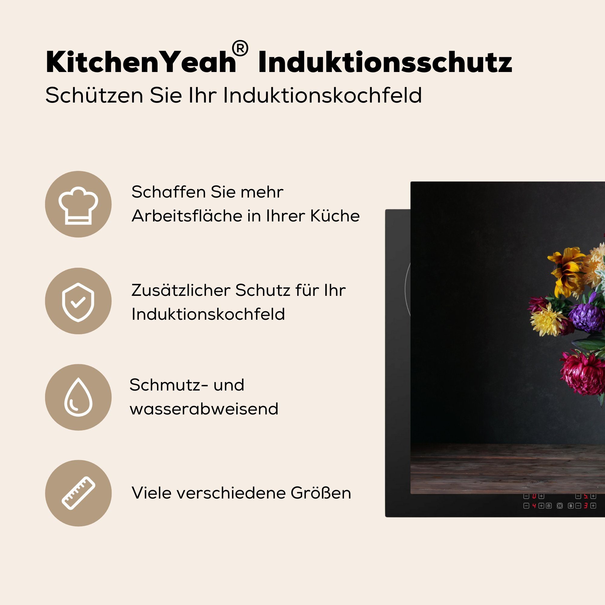 MuchoWow Herdblende-/Abdeckplatte Blumenstrauß - Induktionskochfeld (1 Vinyl, küche, tlg), für Schutz 81x52 Farben Stilleben, Ceranfeldabdeckung cm, die 