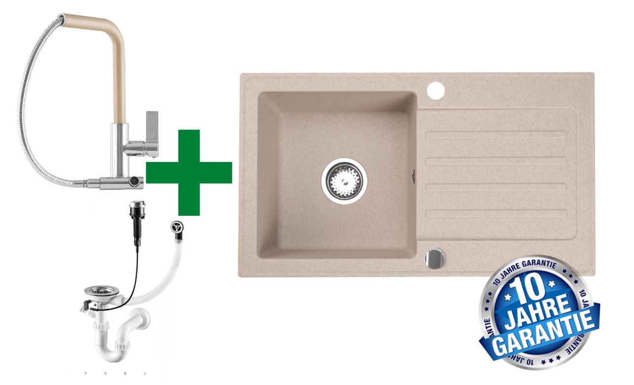 Faizee Möbel Granitspüle Granitspüle 76x44 Beige+ Armatur Küchenspüle inkl. Siphon Set, Eckig, 76/44 cm