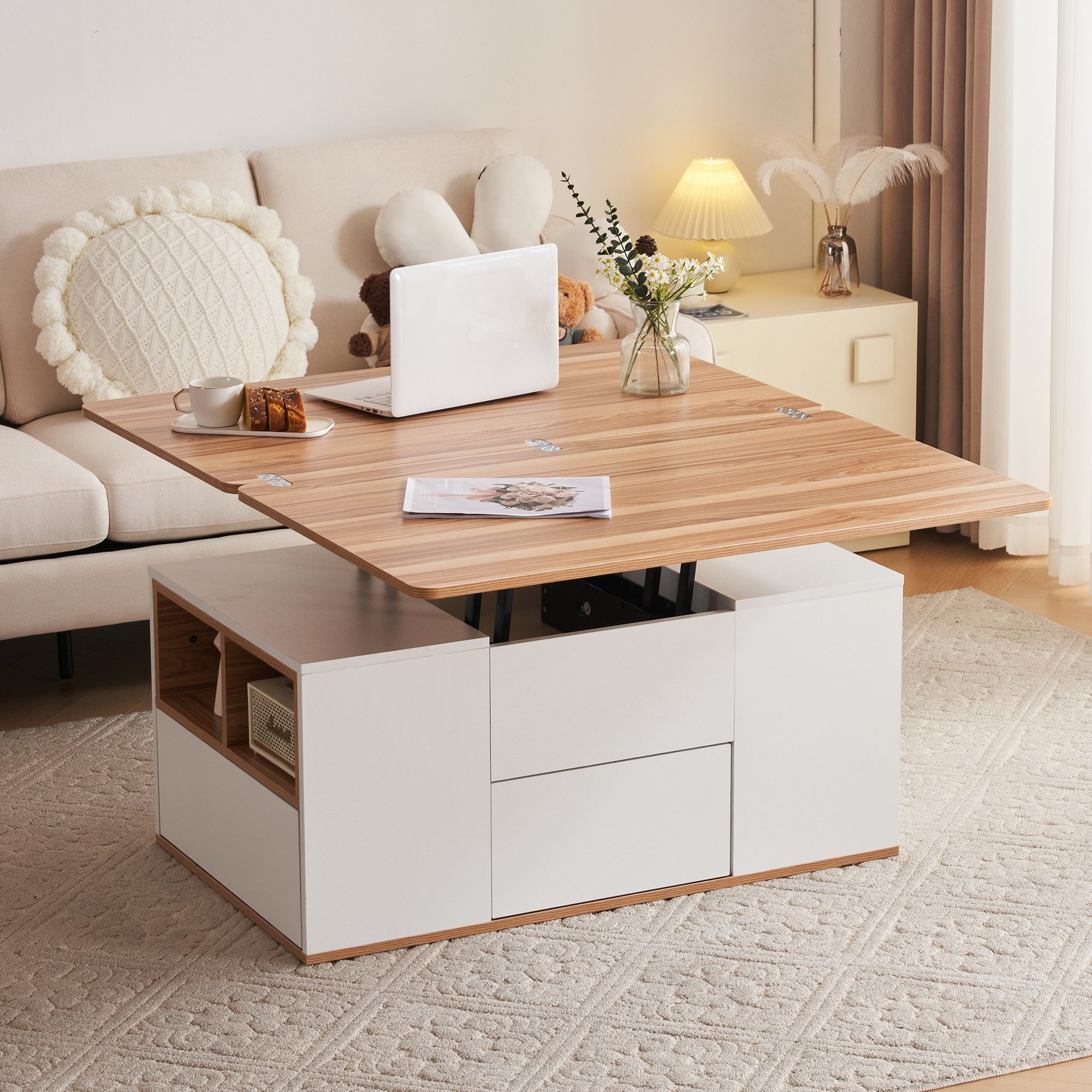 OKWISH Couchtisch Wohnzimmertisch Multifunktions-Couchtisch (Modern Wohnzimmermöbel,Büro-Esstisch Freizeittisch Multifunktionstisch, mit ausziehbarer Tischplatte), Tischplatte öffnet sich zu 2 Tischen