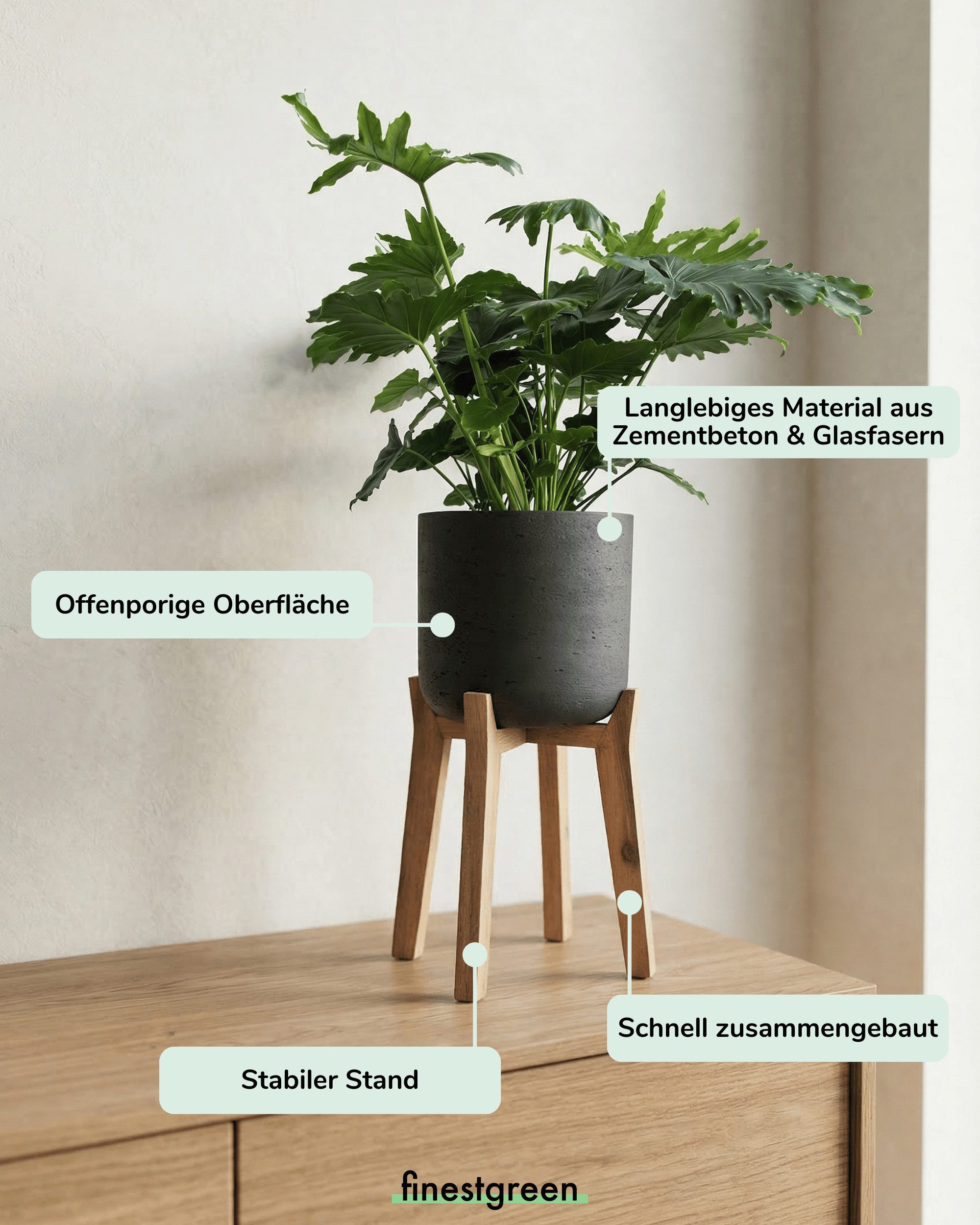 finestgreen Pflanzkübel Charlie Feet High, Fiberclay Pflanzkübel auf Holzfüßen in Beton-Optik für Innen & Außen