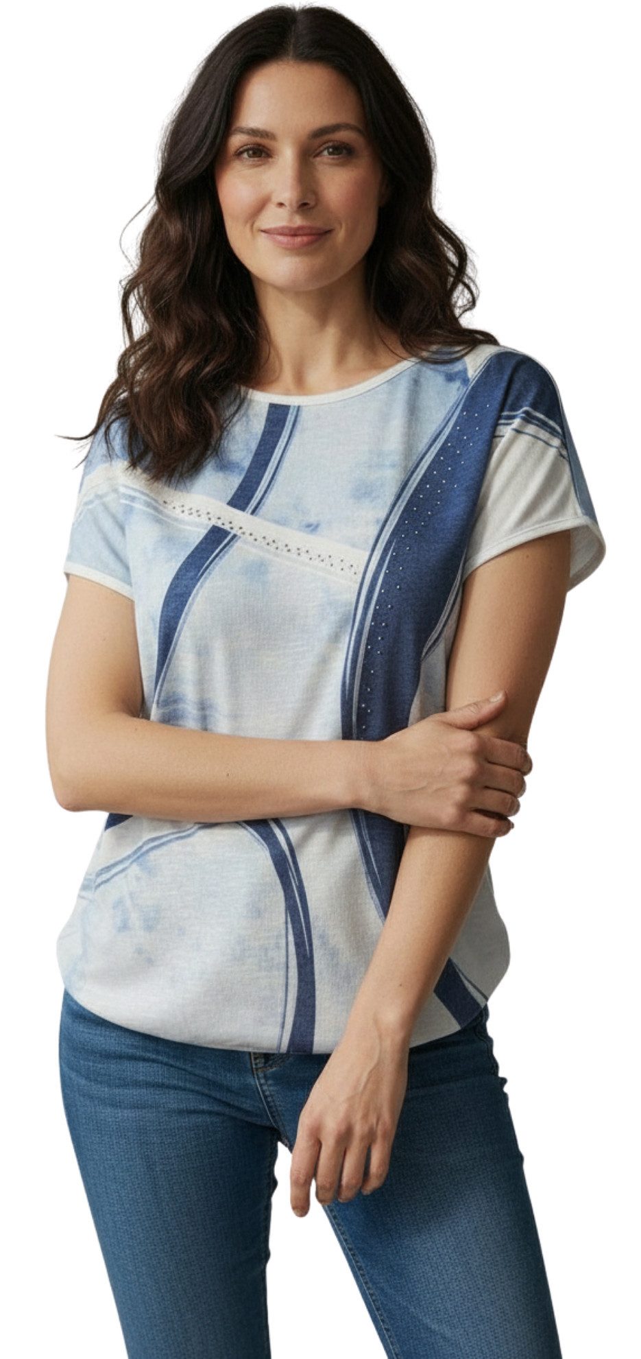 Estefania for woman Kurzarmshirt Estefania for woman, 197-1648 verspielter Ausschnitt am Rücken, Saum mit Gummizug