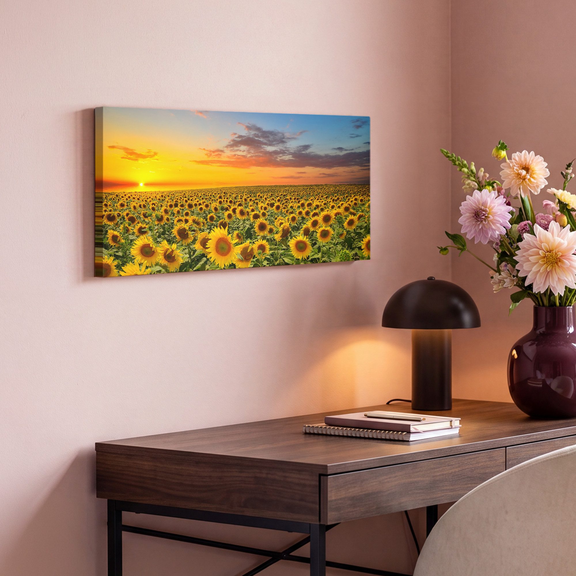 OneMillionCanvasses® Leinwandbild Panorama Blumen – Sonnenblume – Sonnenuntergang – Nacht – Orange, Fotodruck (1 St), Wandbild, Deko Schlafzimmer Wohnzimmer Flu – Bild 4 von 5