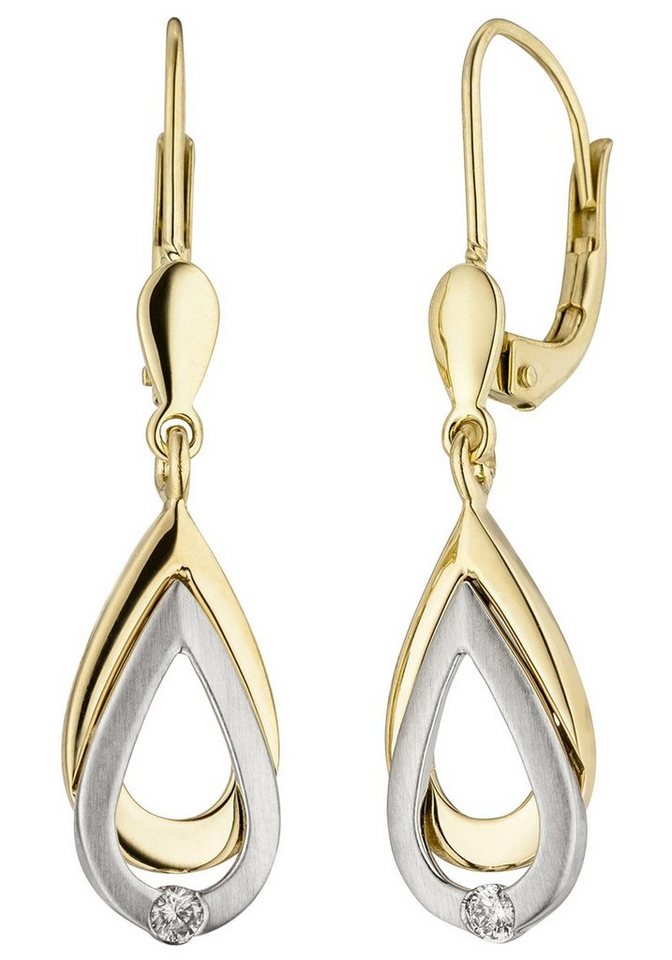 JOBO Paar Ohrhänger, 585 Gold bicolor mit 2 Diamanten, Höhe ca. 32,8 mm,  Breite ca. 7,4 mm
