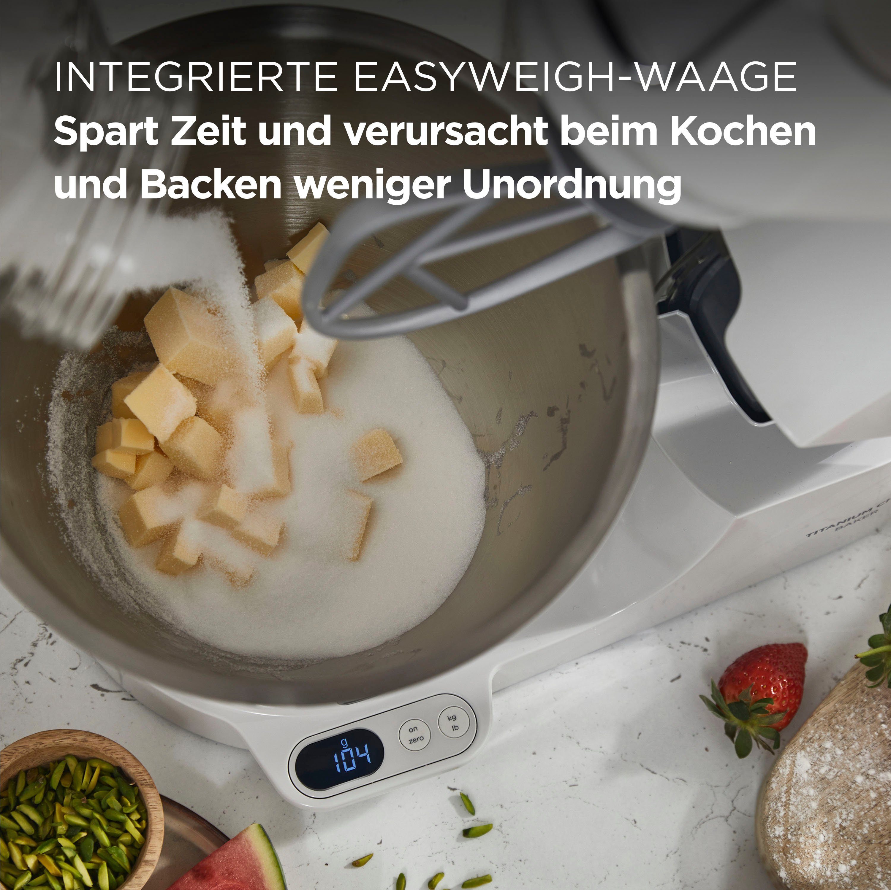 KENWOOD Küchenmaschine Titanium Chef Baker KVC65.001WH, 1200 W, 5 l Schüssel,  weiß, Grammgenau und zeitsparend dank integrierter Waage und Timer