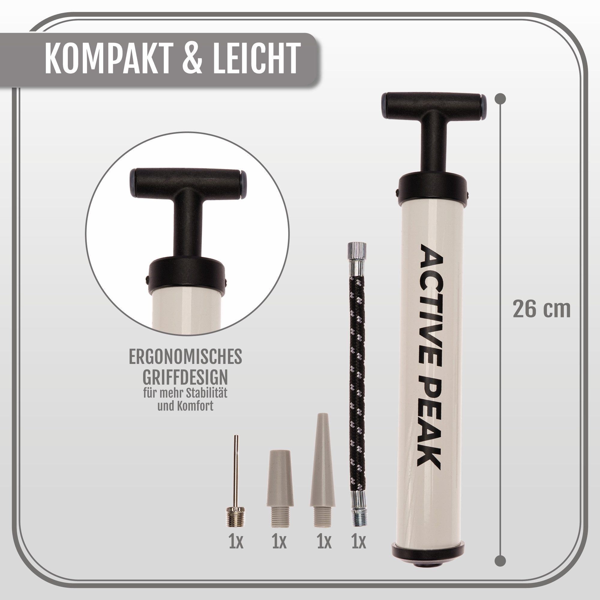 Active Peak Luftpumpe Profi Ballpumpe mit Zubehör (Kompakte Fußballpumpe inkl. Metallnadeln & Adaptern, All-in-One Set mit flexiblem Schlauch) – Bild 4 von 5